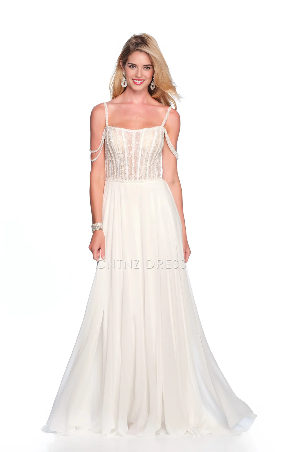 CNTNZ DRESS Sparkle A Line Spaghetti Strap Square Neckline Beadwork Backless Floor-Length Gorgeous Hot Sale Wedding Dress