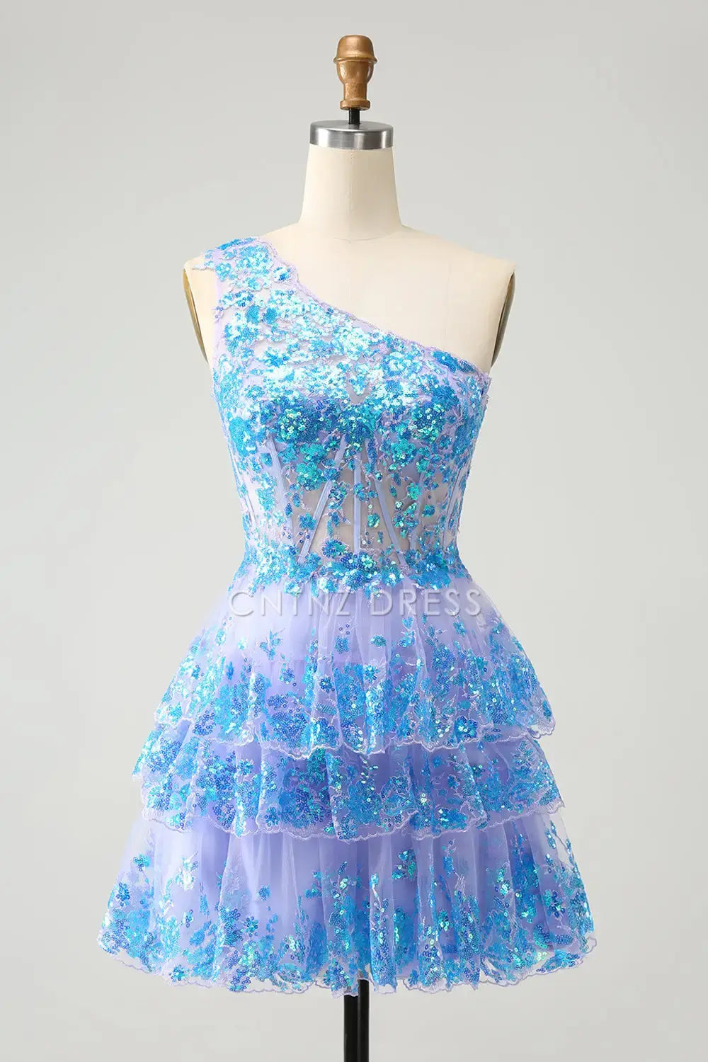 CNTNZ DRESS Sparkly A-Line One Shoulder Tiered Ruched Sequined Gorgeous Short Dress Hot Sale Homecoming Dress