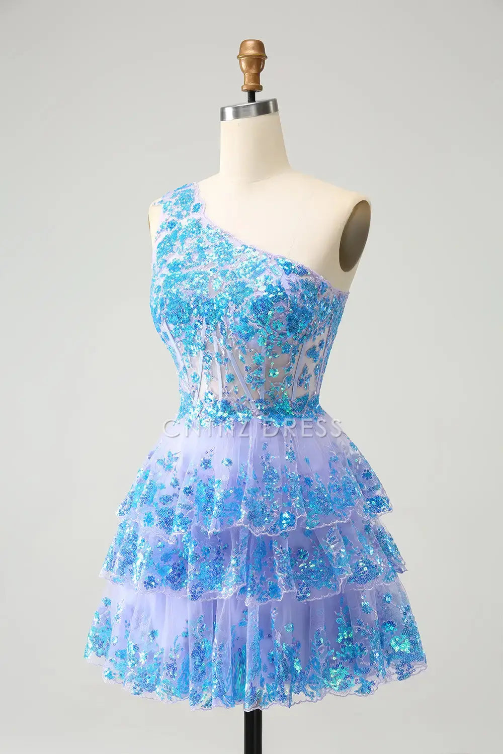 CNTNZ DRESS Sparkly A-Line One Shoulder Tiered Ruched Sequined Gorgeous Short Dress Hot Sale Homecoming Dress