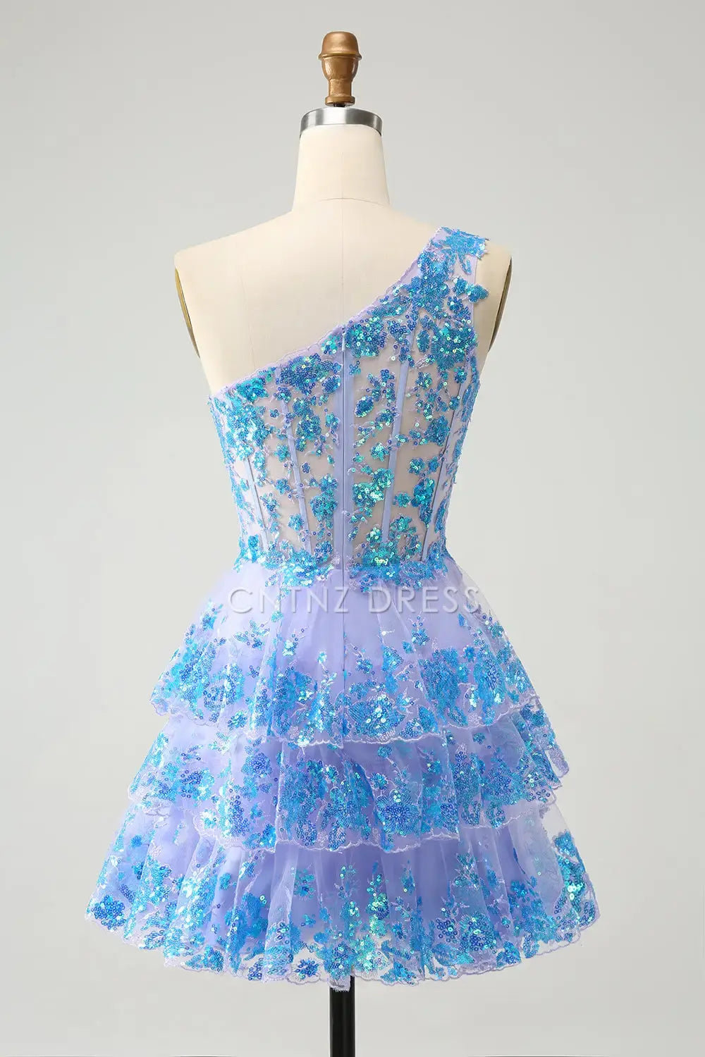 CNTNZ DRESS Sparkly A-Line One Shoulder Tiered Ruched Sequined Gorgeous Short Dress Hot Sale Homecoming Dress