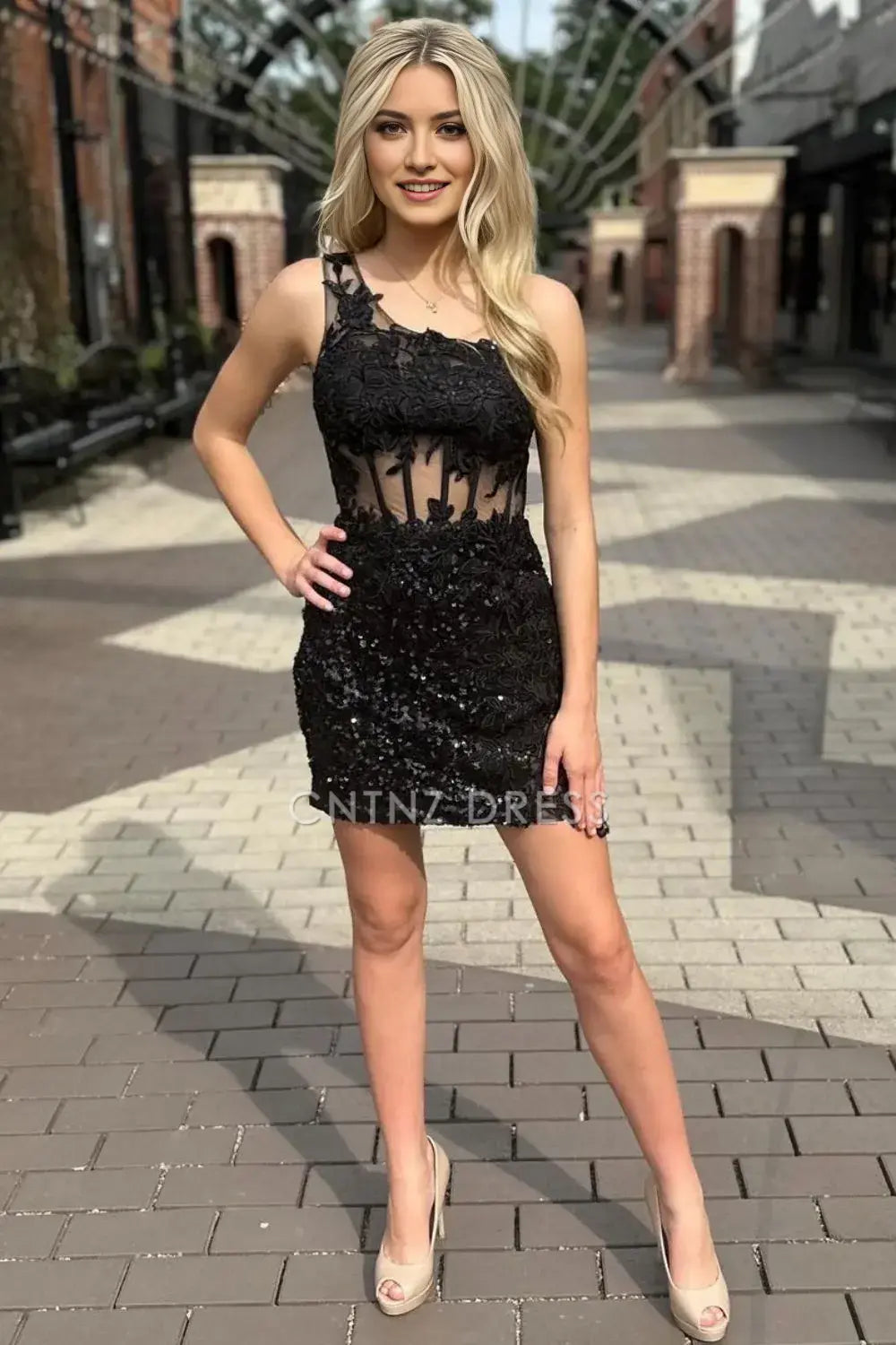 CNTNZ DRESS Sparkly Black Sheath/Column One Shoulder Appliques Fashion Cocktail Dress Short Homecoming Dress