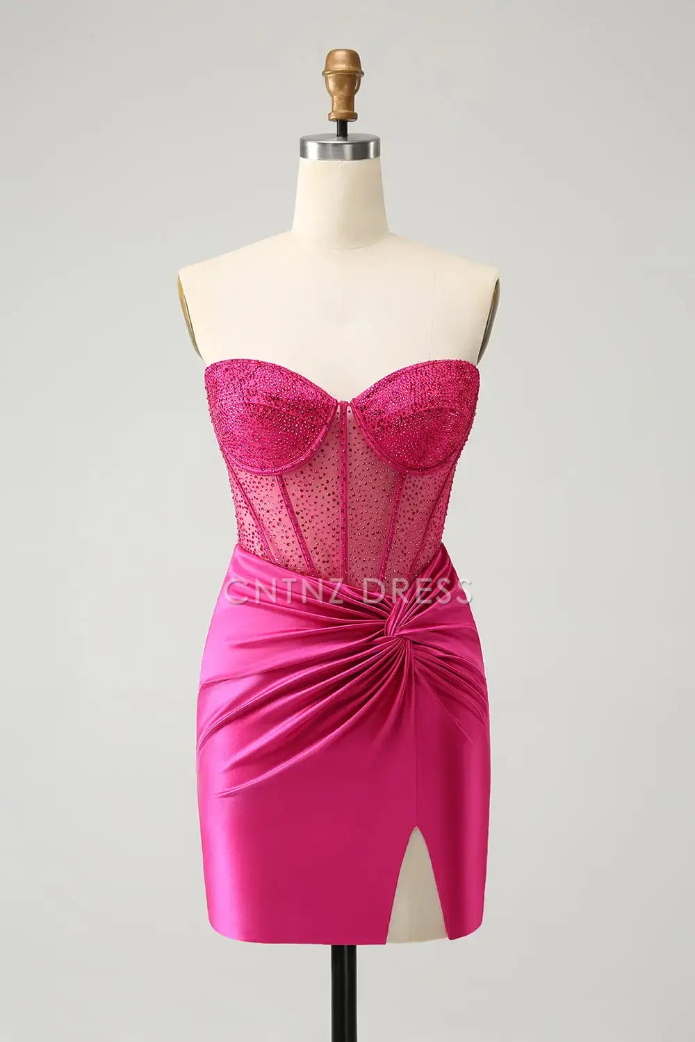 CNTNZ DRESS Sparkly Strapless Sweetheart Tight Beaded Corset Pleated Side Fork Charming Hot Sale Homecoming Dress