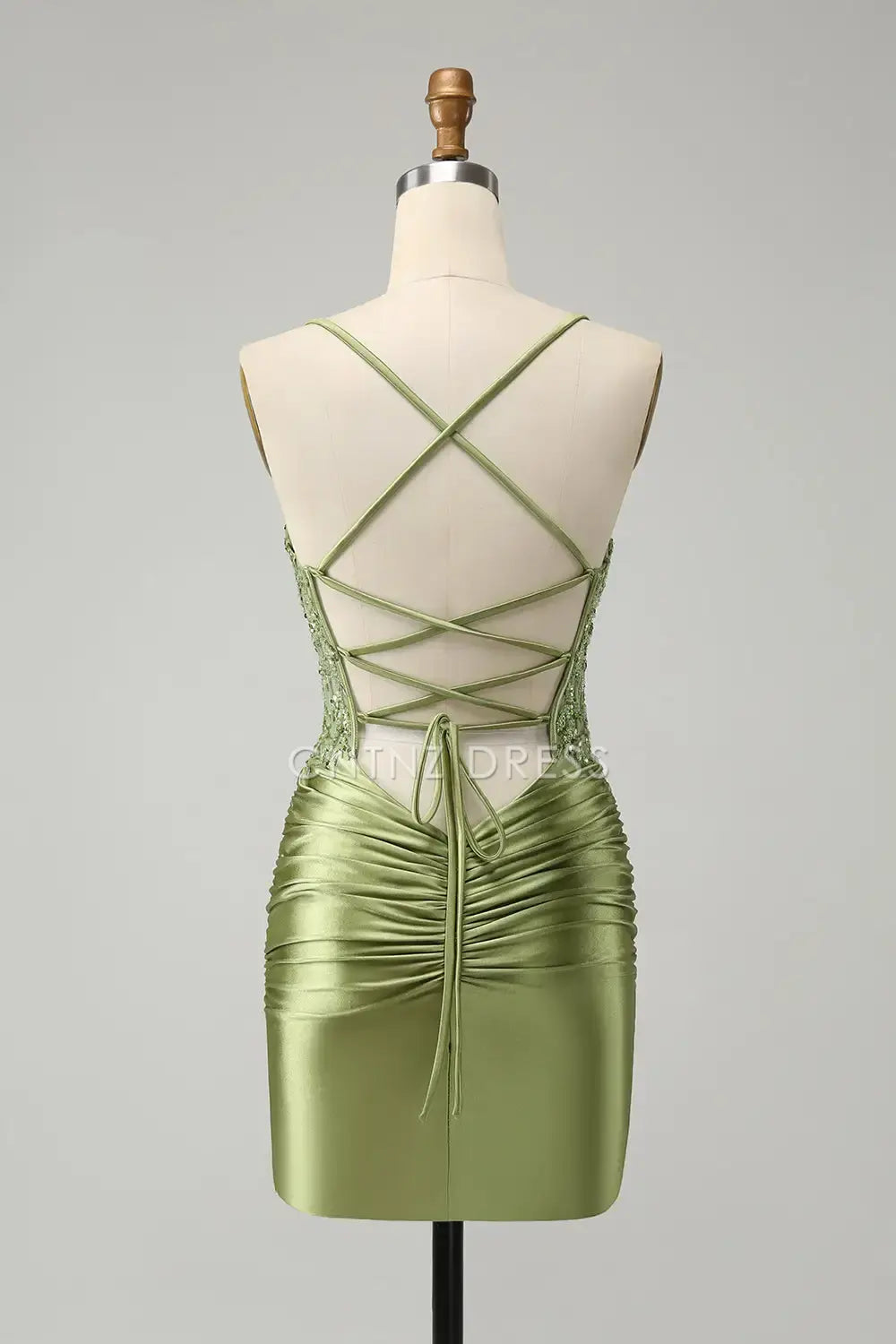 CNTNZ DRESS Sparkly Tight Halter Spaghetti Straps Pleated Backless Lace up Appliques  Short Dress Hot Sale Homecoming Dress