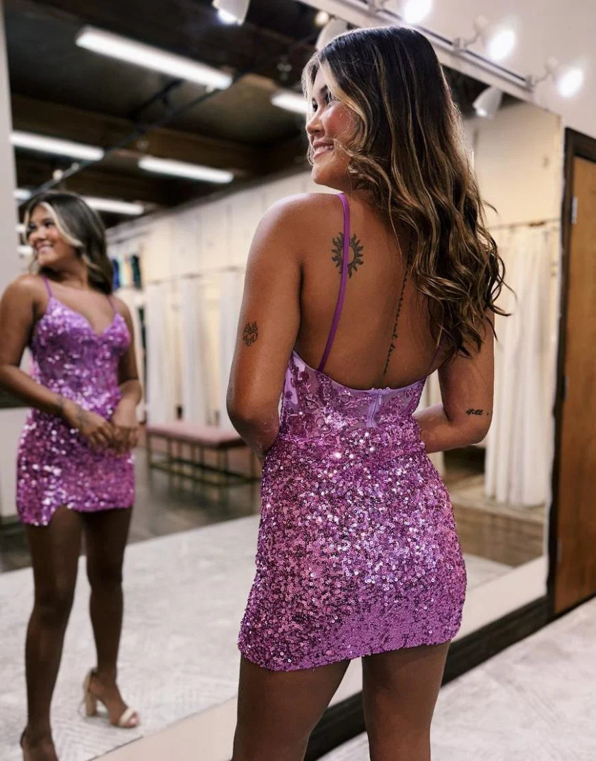 CNTNZ DRESS Sparkly Tight Spaghetti Straps V Neck Sequins Lace Applique Backless Charming Cocktail Dress Short Homecoming Dress