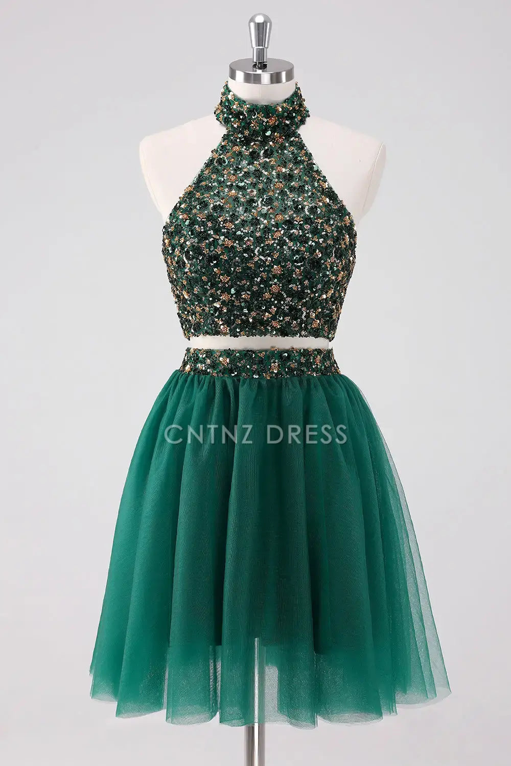 CNTNZ DRESS Sparkly Two piece set A-Line Halter Sleeveless Sequins Backless Fashion Short Dress Hot Sale Homecoming Dress