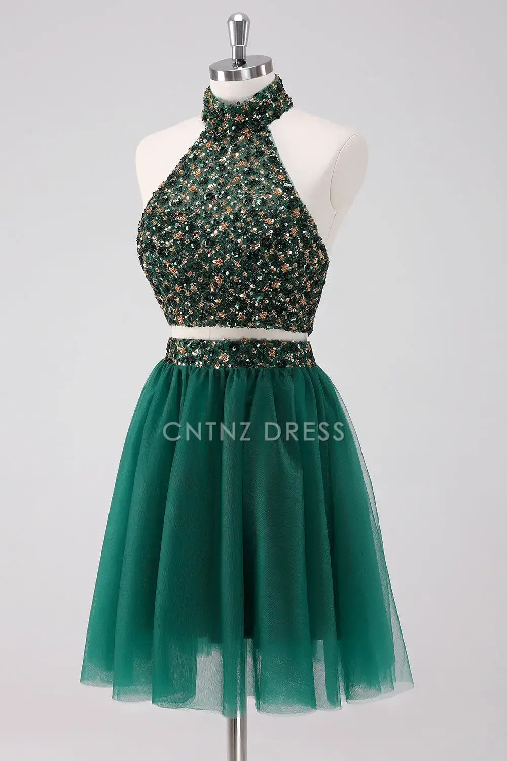 CNTNZ DRESS Sparkly Two piece set A-Line Halter Sleeveless Sequins Backless Fashion Short Dress Hot Sale Homecoming Dress