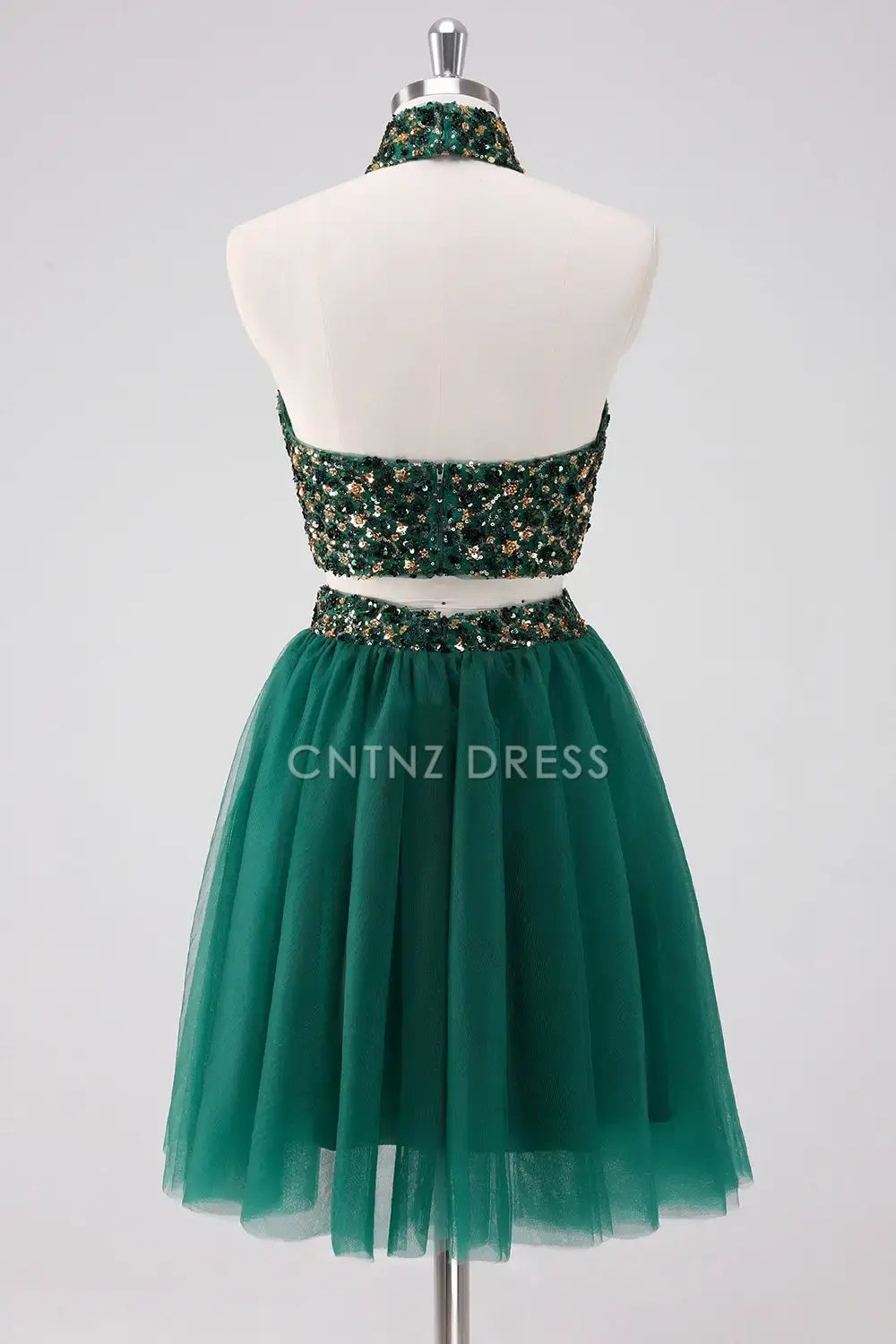 CNTNZ DRESS Sparkly Two piece set A-Line Halter Sleeveless Sequins Backless Fashion Short Dress Hot Sale Homecoming Dress