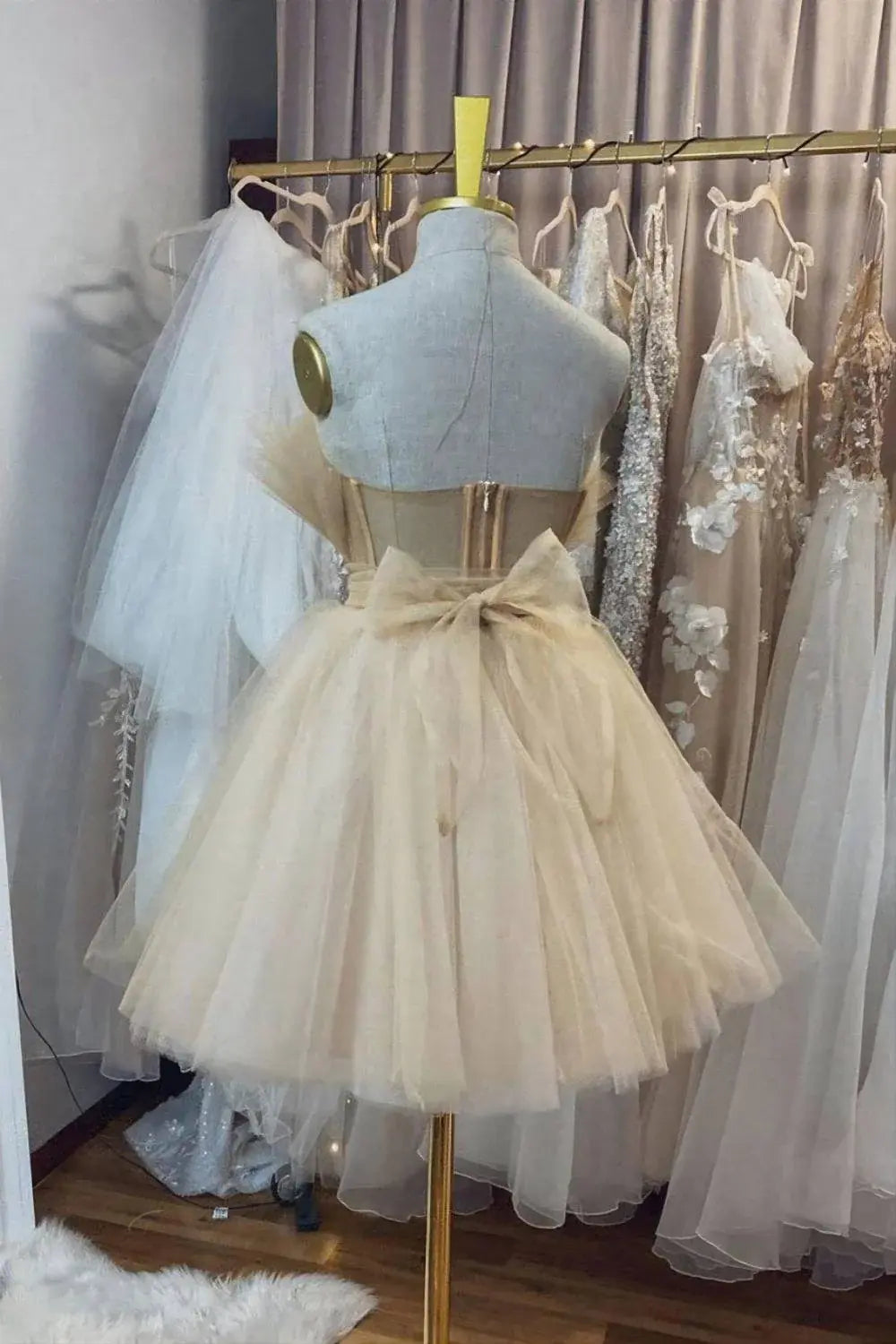 CNTNZ DRESS Tulle A Line Strapless Pleated Backless Bow Fashion Cocktail Dress Short Homecoming Dress