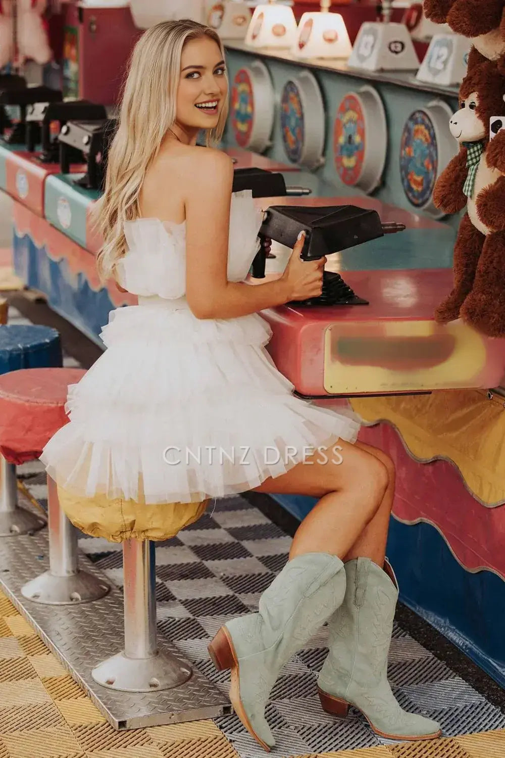 CNTNZ DRESS Unique A Line Strapless Pleated Layering Ruched Fashion Cocktail Dress Short Homecoming Dress