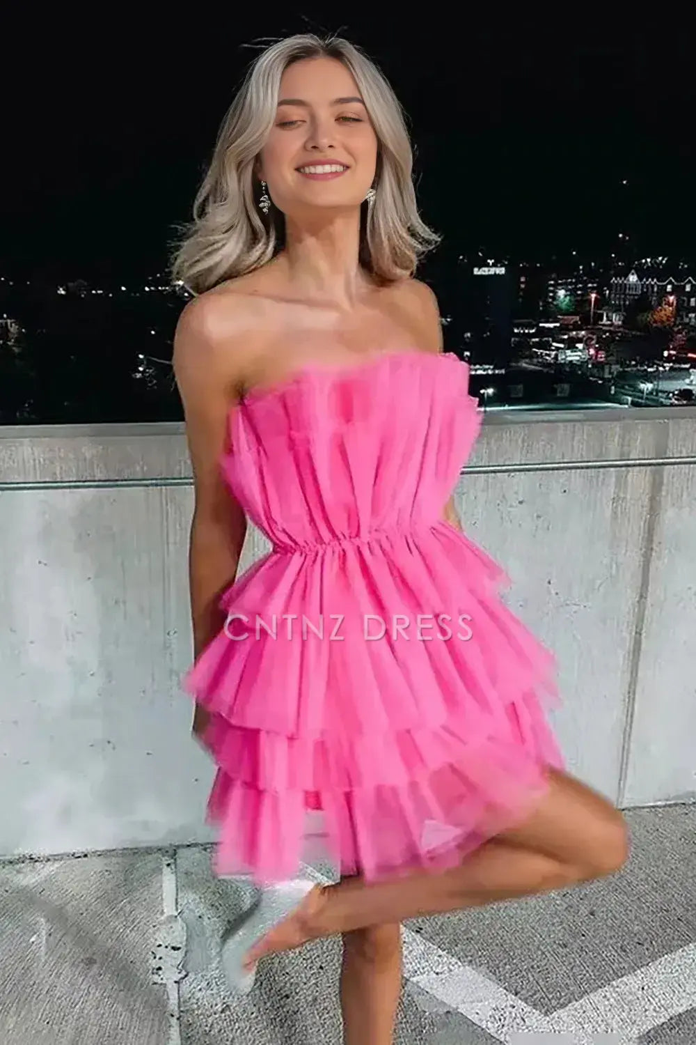 CNTNZ DRESS Unique A Line Strapless Pleated Layering Ruched Fashion Cocktail Dress Short Homecoming Dress