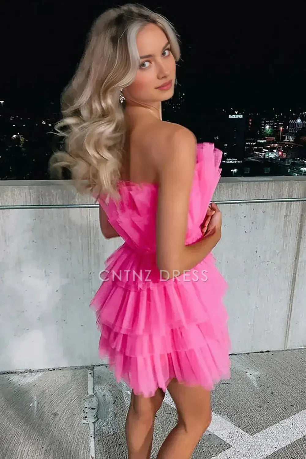 CNTNZ DRESS Unique A Line Strapless Pleated Layering Ruched Fashion Cocktail Dress Short Homecoming Dress
