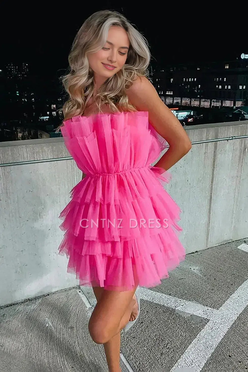 CNTNZ DRESS Unique A Line Strapless Pleated Layering Ruched Fashion Cocktail Dress Short Homecoming Dress