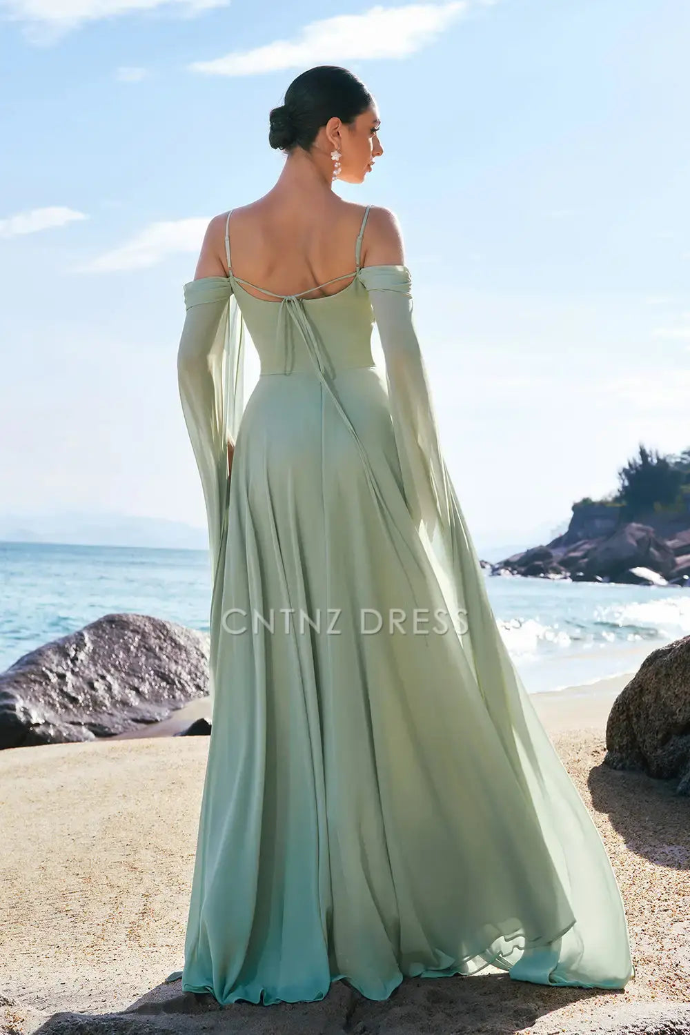 CNTNZ DRESS A-Line Spaghetti Strap Cold Shoulder Flutter Sleeves Fantastic Long Hot Sale Prom Dress