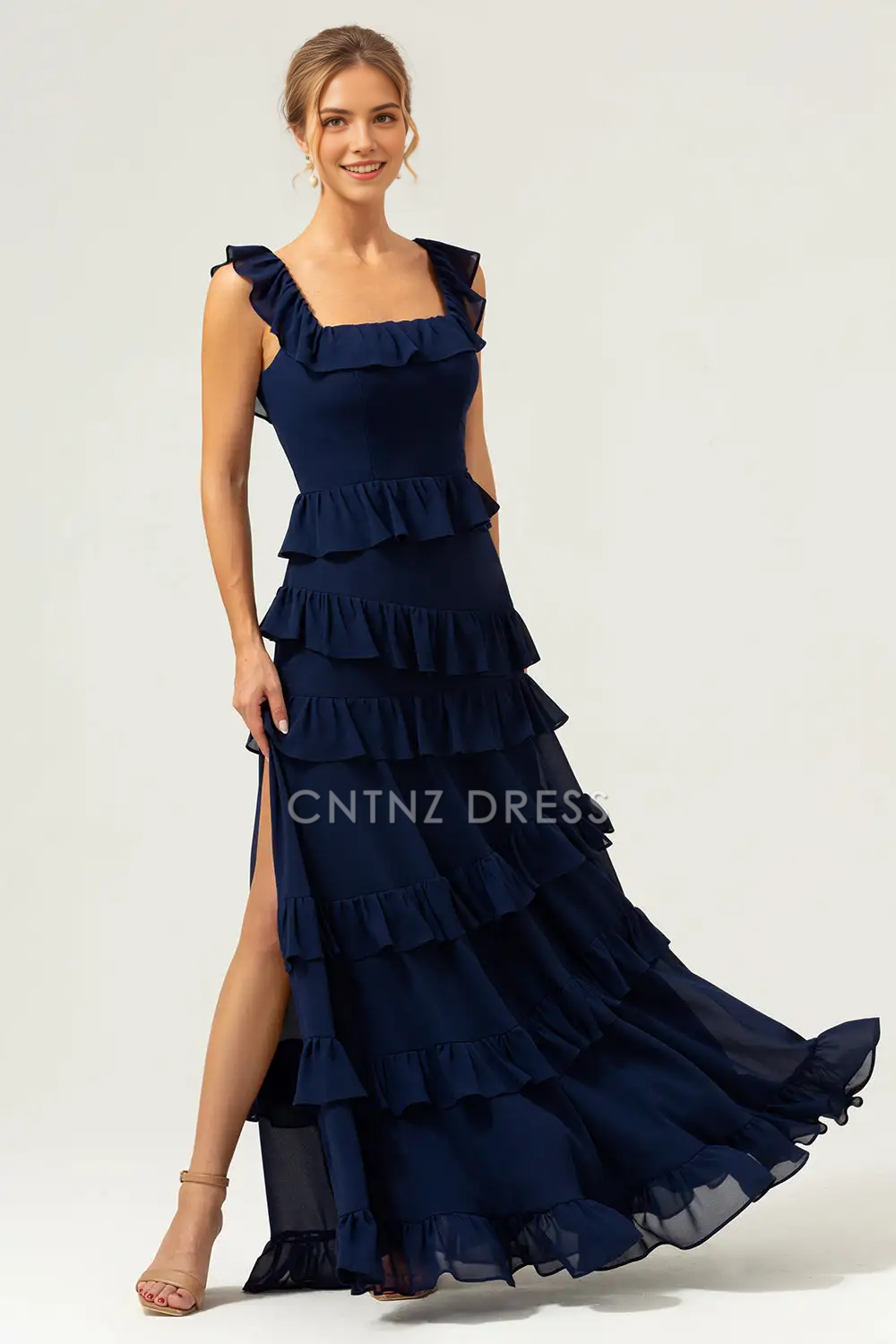 CNTNZ DRESS A-Line Square Neck Sleeveless Tiers Ruffleed With Slit Long Hot Sale Prom Dress