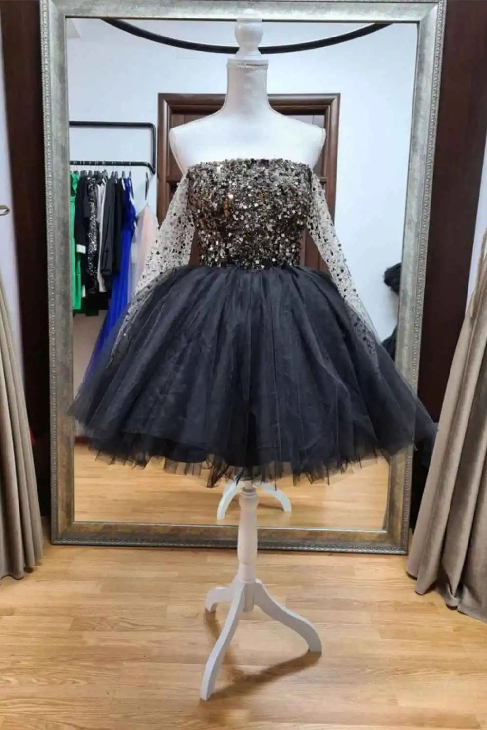 CNTNZ DRESS Ball Gown Sequin A Line Off The Shoulder Long Sleeves With Beading Sparkle Cocktail Dress Short Homecoming Dress