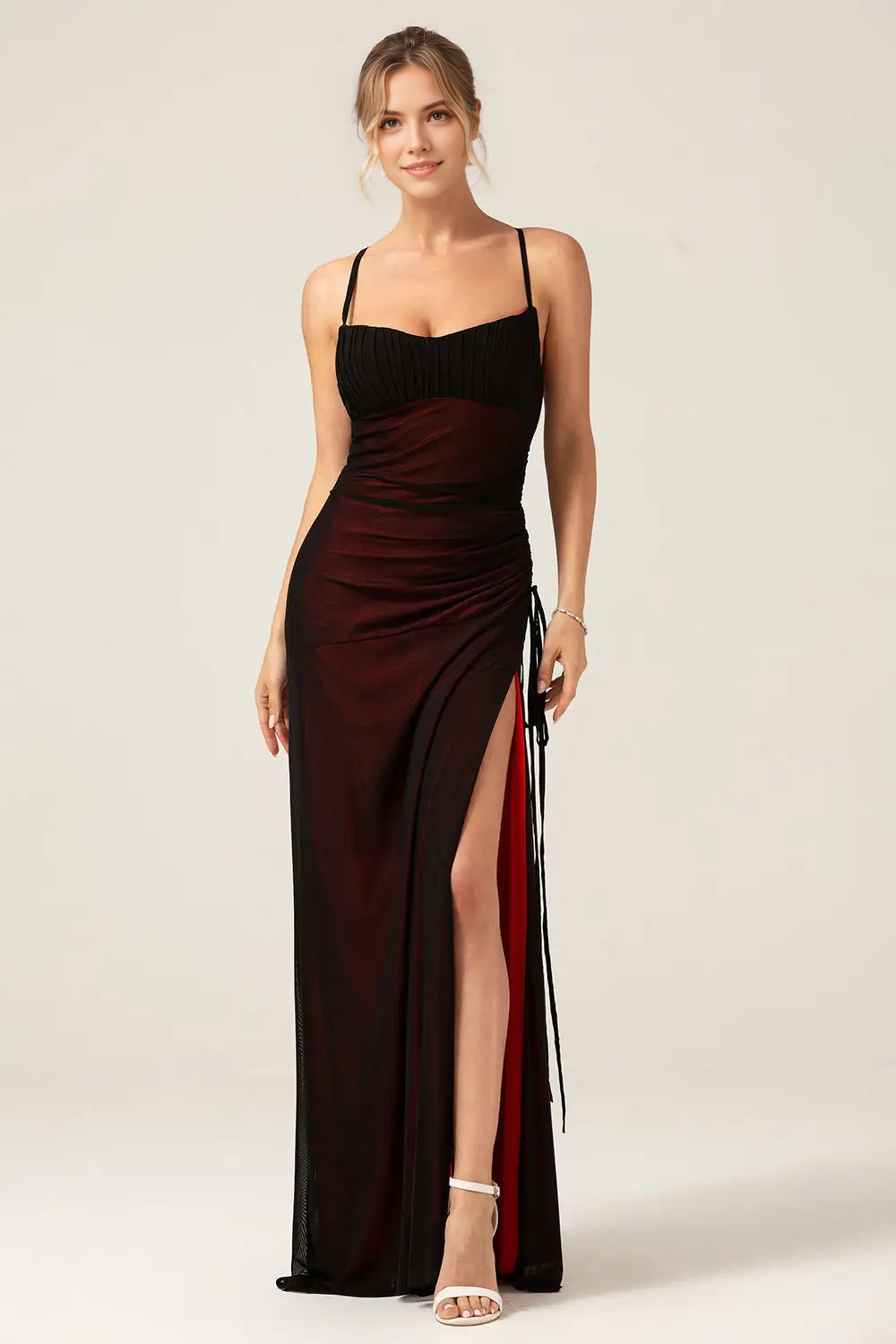 CNTNZ DRESS Charming Sheath Spaghetti Straps Pleated Backless Side Fork Floor Length Sexy Hot Sale Prom Dress