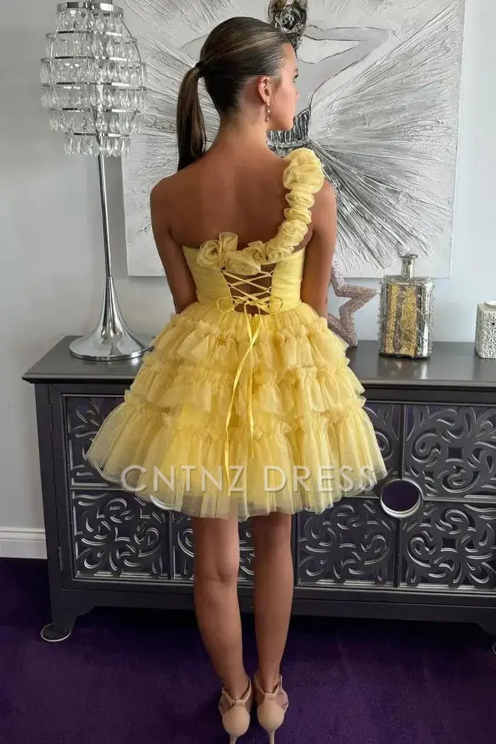 CNTNZ DRESS Cute A Line One Shoulder Keyhole Lace Up Layering Ruched Backless Exquisite Cocktail Dress Short Homecoming Dress