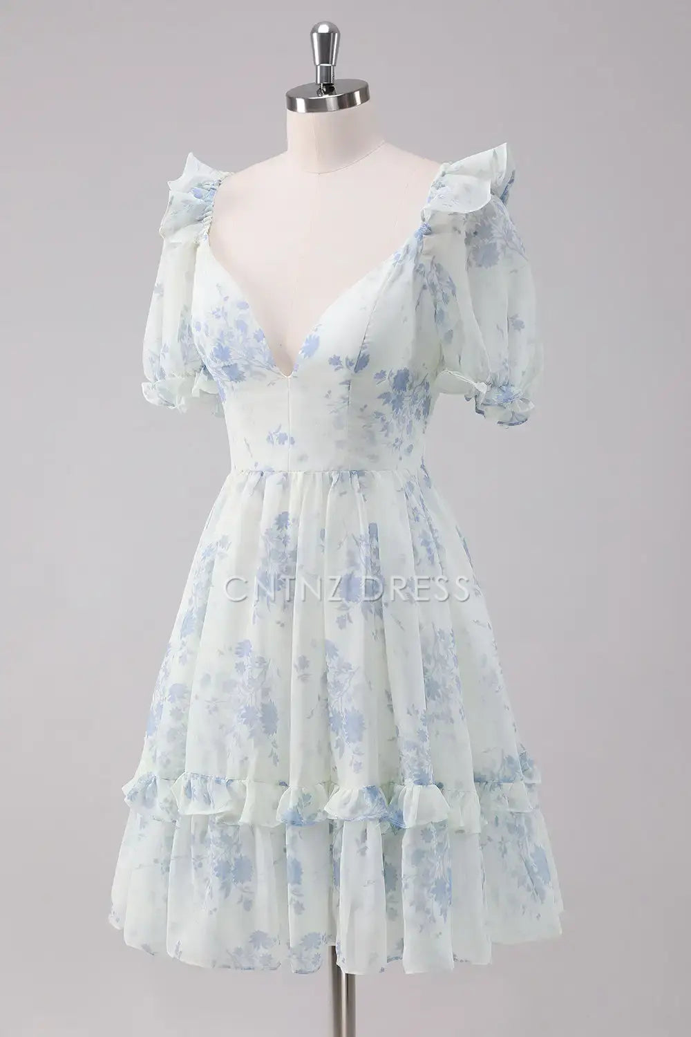 CNTNZ DRESS Cute A Line V Neck Floral Short Sleeves Ruched Short Dress Hot Sale Homecoming Dress