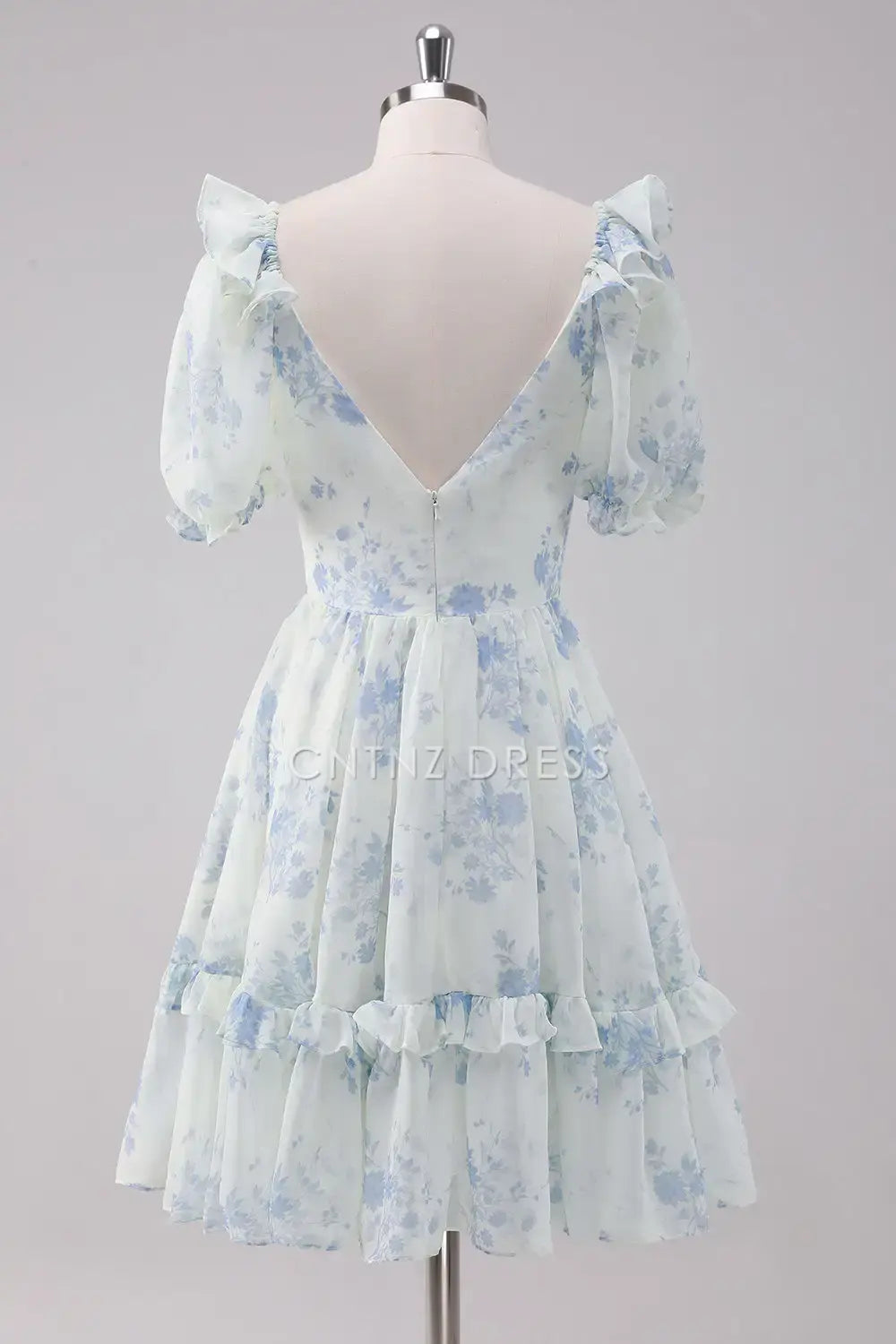 CNTNZ DRESS Cute A Line V Neck Floral Short Sleeves Ruched Short Dress Hot Sale Homecoming Dress
