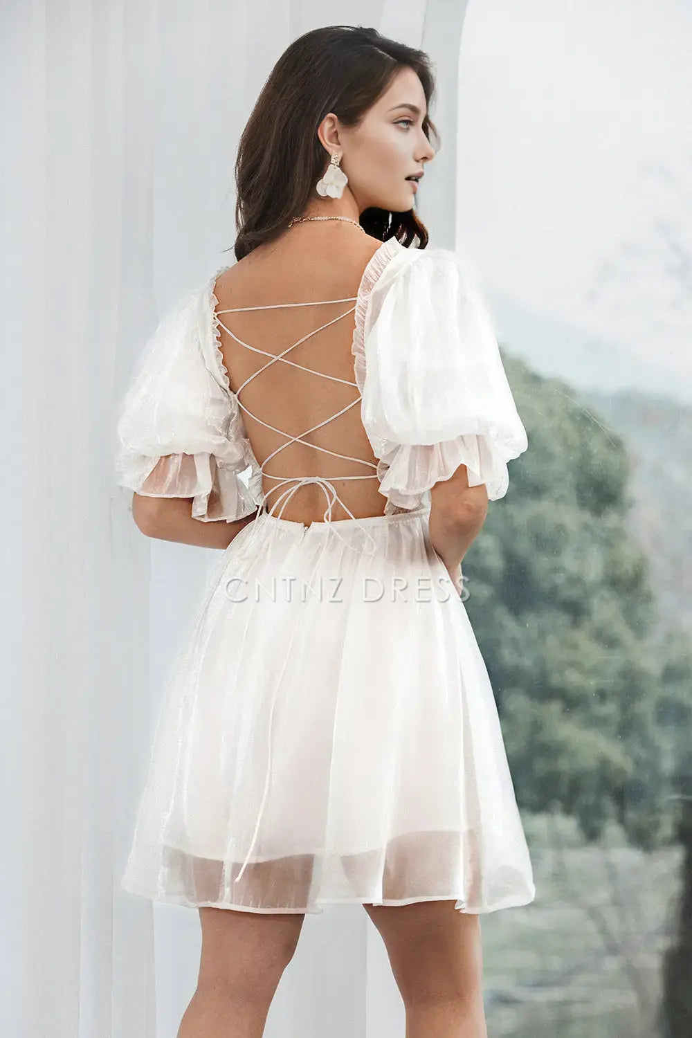 CNTNZ DRESS Elegant A Line Square Neck Short Sleeve Tulle Pleated Backless Lace-up Short Dress Hot Sale Homecoming Dress