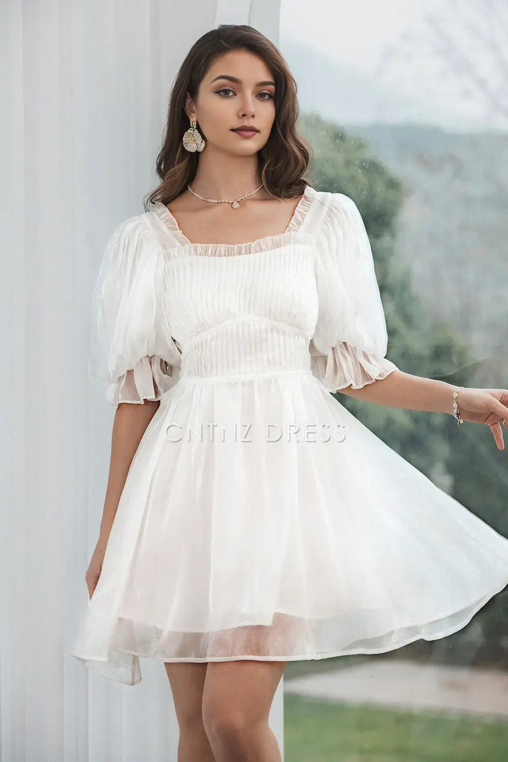 CNTNZ DRESS Elegant A Line Square Neck Short Sleeve Tulle Pleated Backless Lace-up Short Dress Hot Sale Homecoming Dress