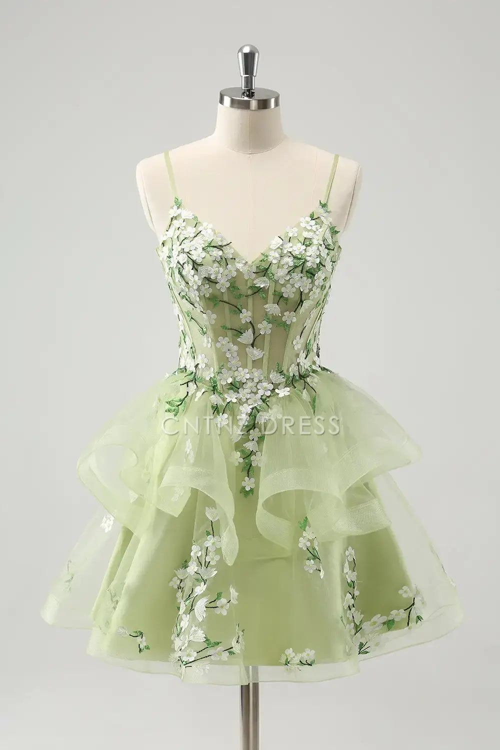 CNTNZ DRESS Exquisite A-Line V Neck Spaghetti Strap Backless Applique Tiers Ruffles Short Dress Hot Sale Homecoming Dress
