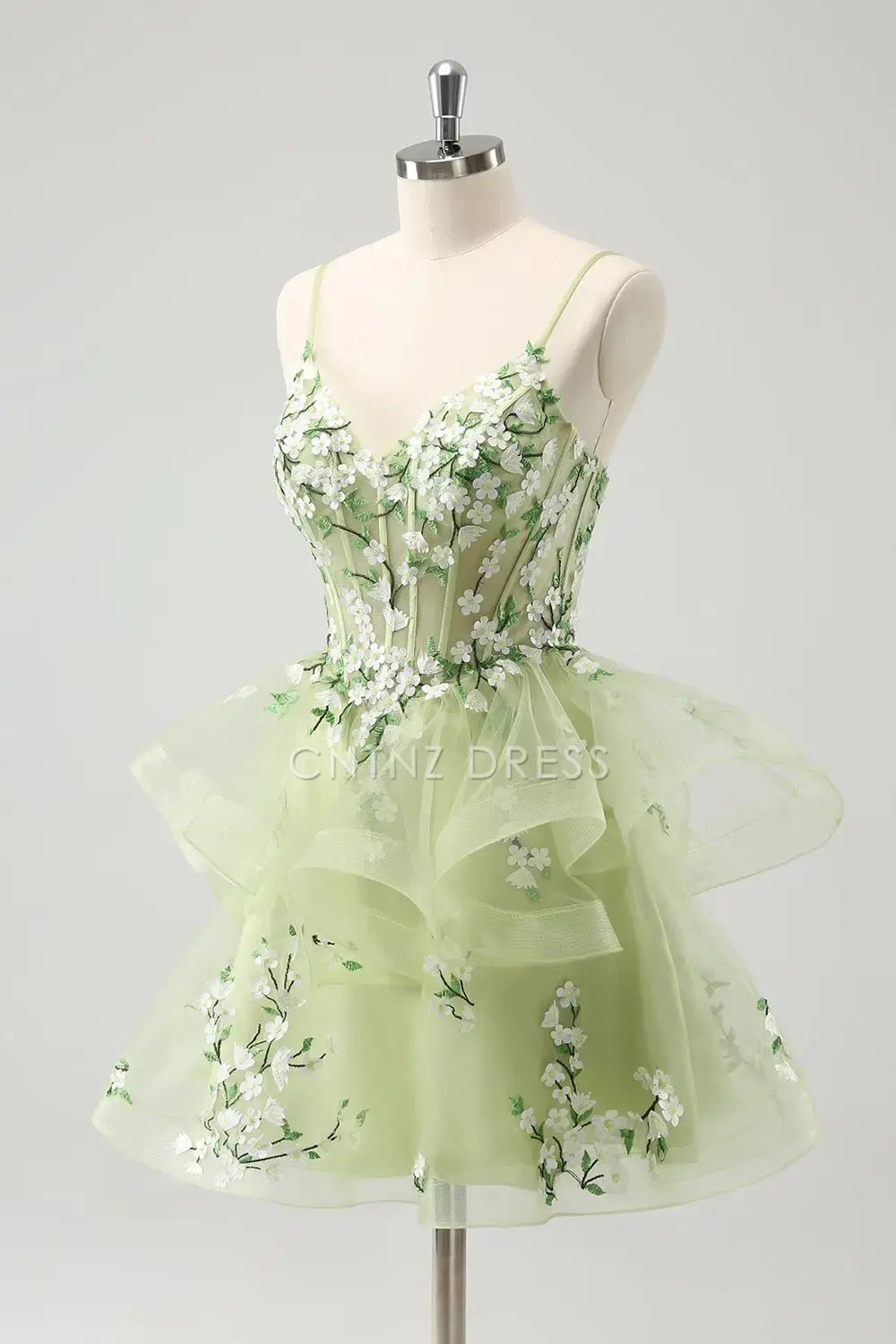 CNTNZ DRESS Exquisite A-Line V Neck Spaghetti Strap Backless Applique Tiers Ruffles Short Dress Hot Sale Homecoming Dress