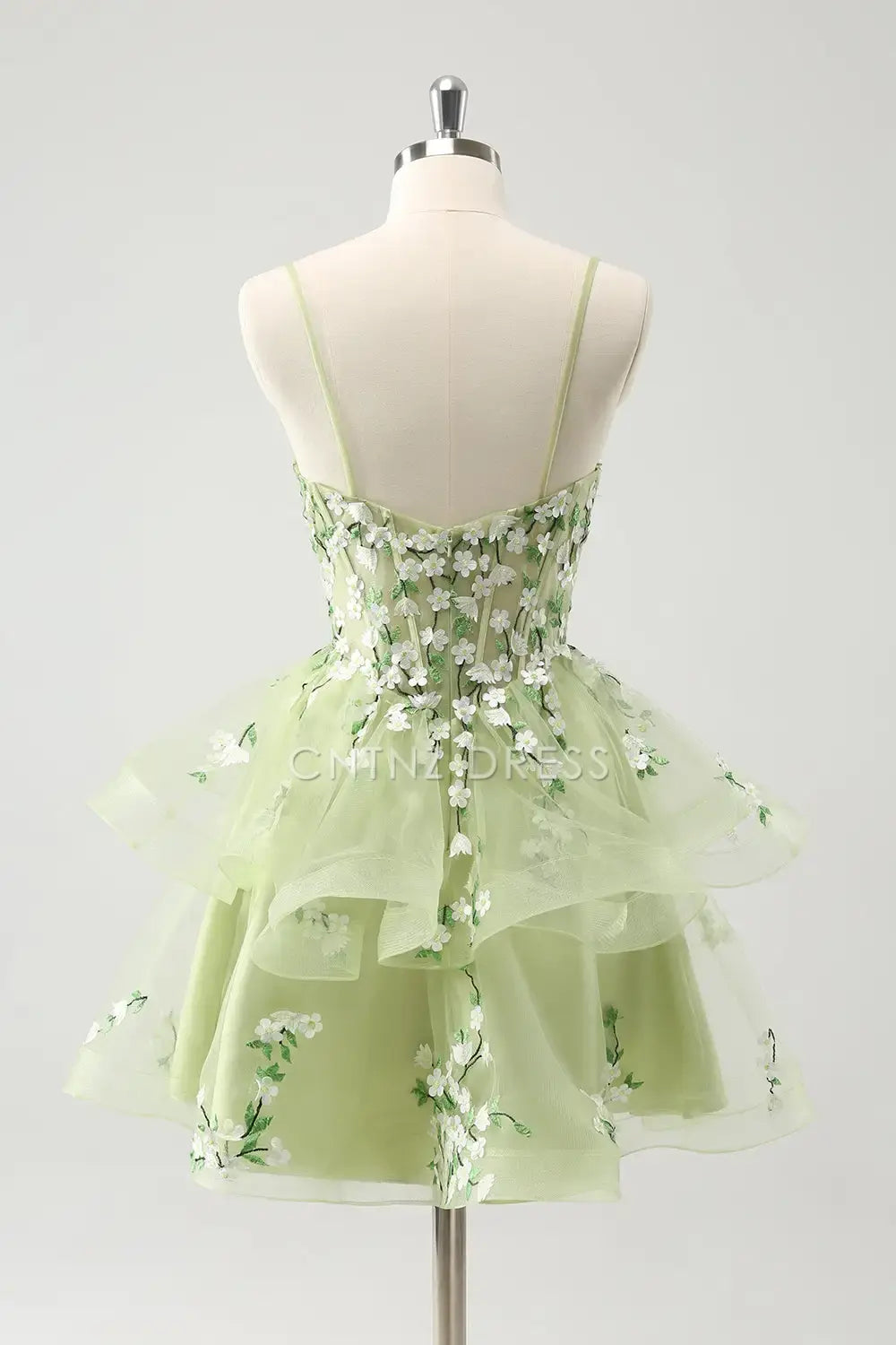 CNTNZ DRESS Exquisite A-Line V Neck Spaghetti Strap Backless Applique Tiers Ruffles Short Dress Hot Sale Homecoming Dress