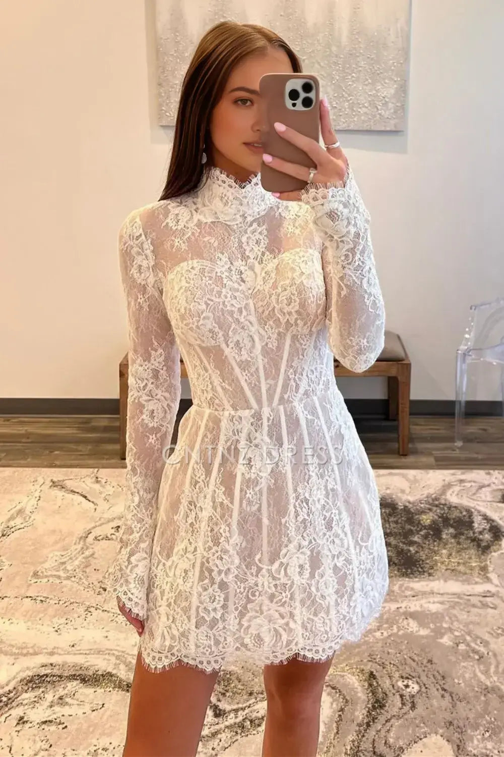 CNTNZ DRESS Exquisite Lace  A-Line High Neck Long Sleeves Elegant Cocktail Dress Short Homecoming Dress