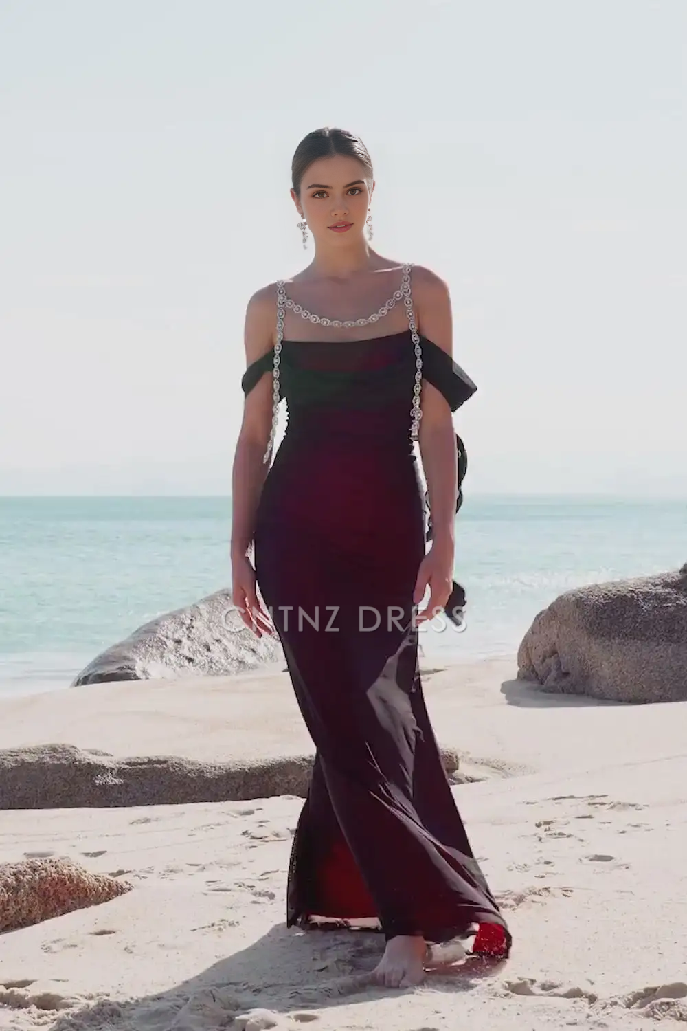 CNTNZ DRESS Exquisite Mermaid Cold Shoulder Pleated Beadwork Sparkly Long Hot Sale Prom Dress