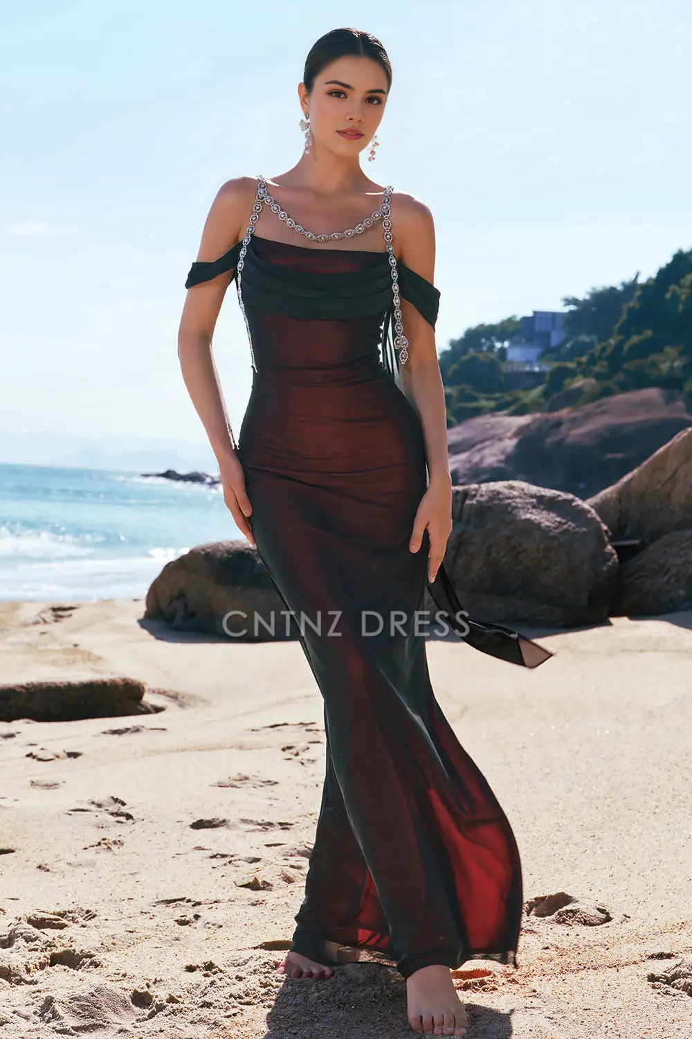 CNTNZ DRESS Exquisite Mermaid Cold Shoulder Pleated Beadwork Sparkly Long Hot Sale Prom Dress