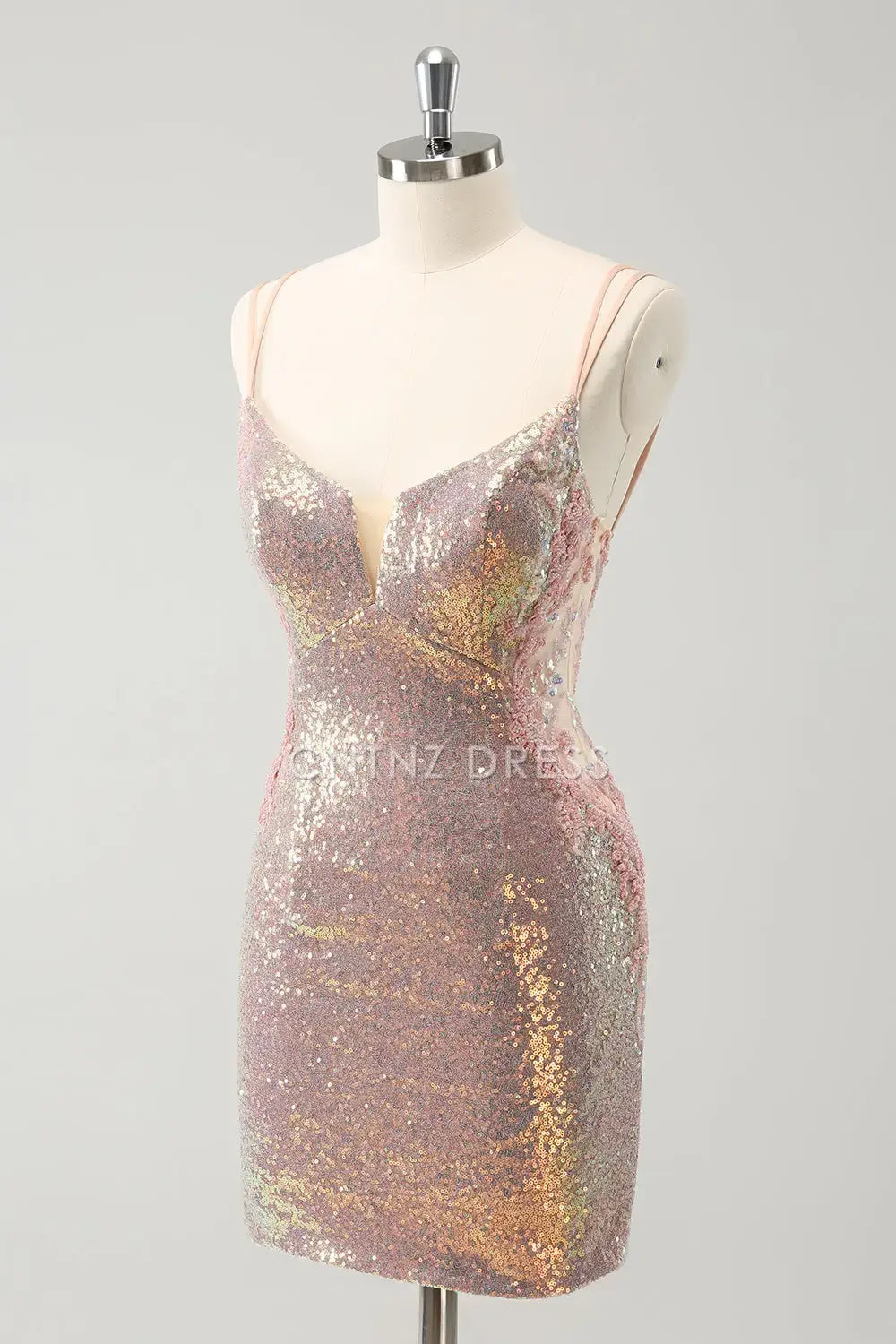 CNTNZ DRESS Exquisite Sheath Spaghetti Straps Backless Lace-Up Sparkly Short Dress Hot Sale Homecoming Dress