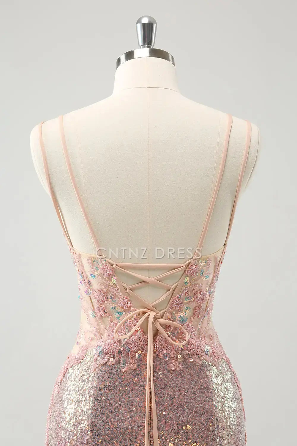 CNTNZ DRESS Exquisite Sheath Spaghetti Straps Backless Lace-Up Sparkly Short Dress Hot Sale Homecoming Dress