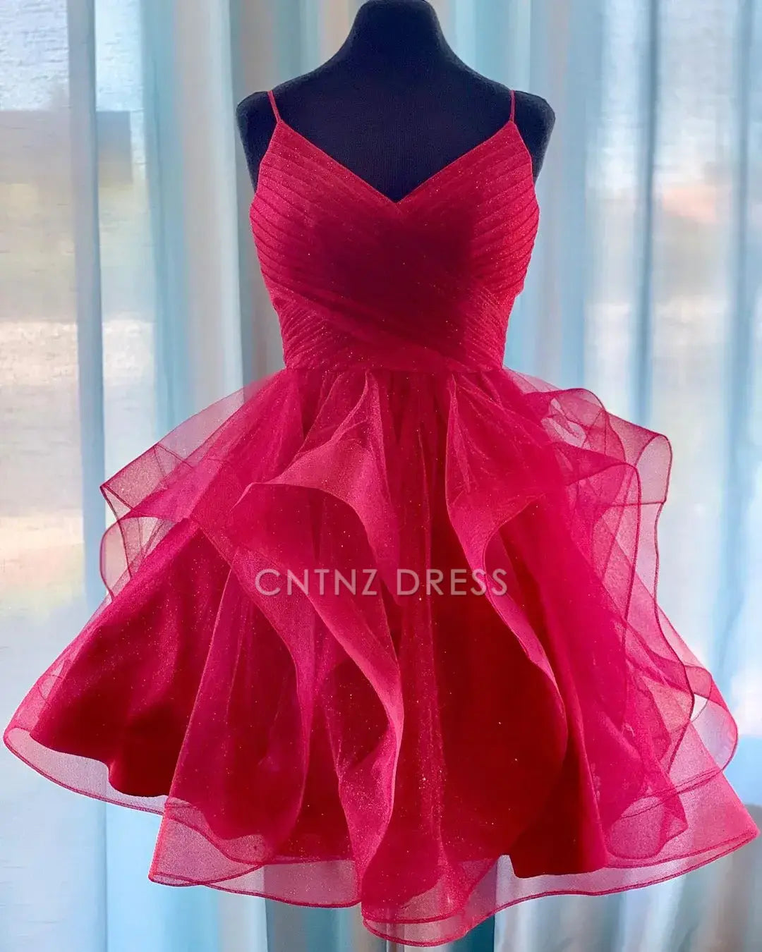 CNTNZ DRESS Hot Sale Homecoming Dress A Line Pleated Spaghetti Strap V Neck Adorable Ruffled Short Dress