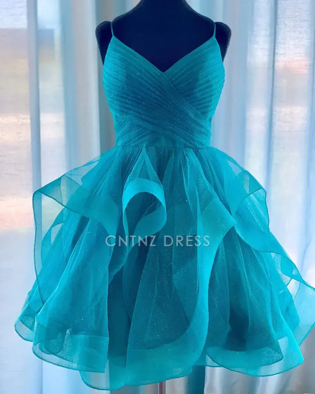 CNTNZ DRESS Hot Sale Homecoming Dress A Line Pleated Spaghetti Strap V Neck Adorable Ruffled Short Dress