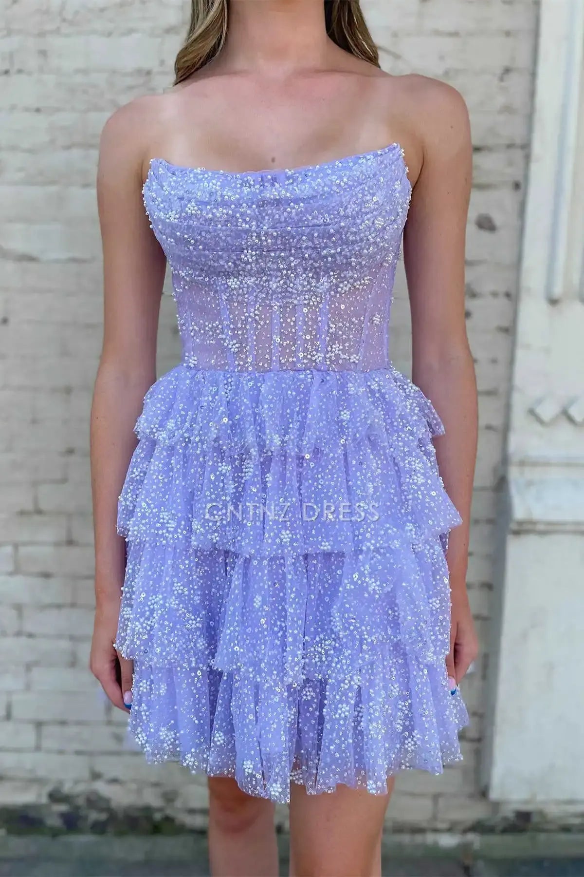 CNTNZ DRESS Hot Sale Homecoming Dress Charming A-Line Glitter Strapless Beads layered Ruched Sequin Short Dress