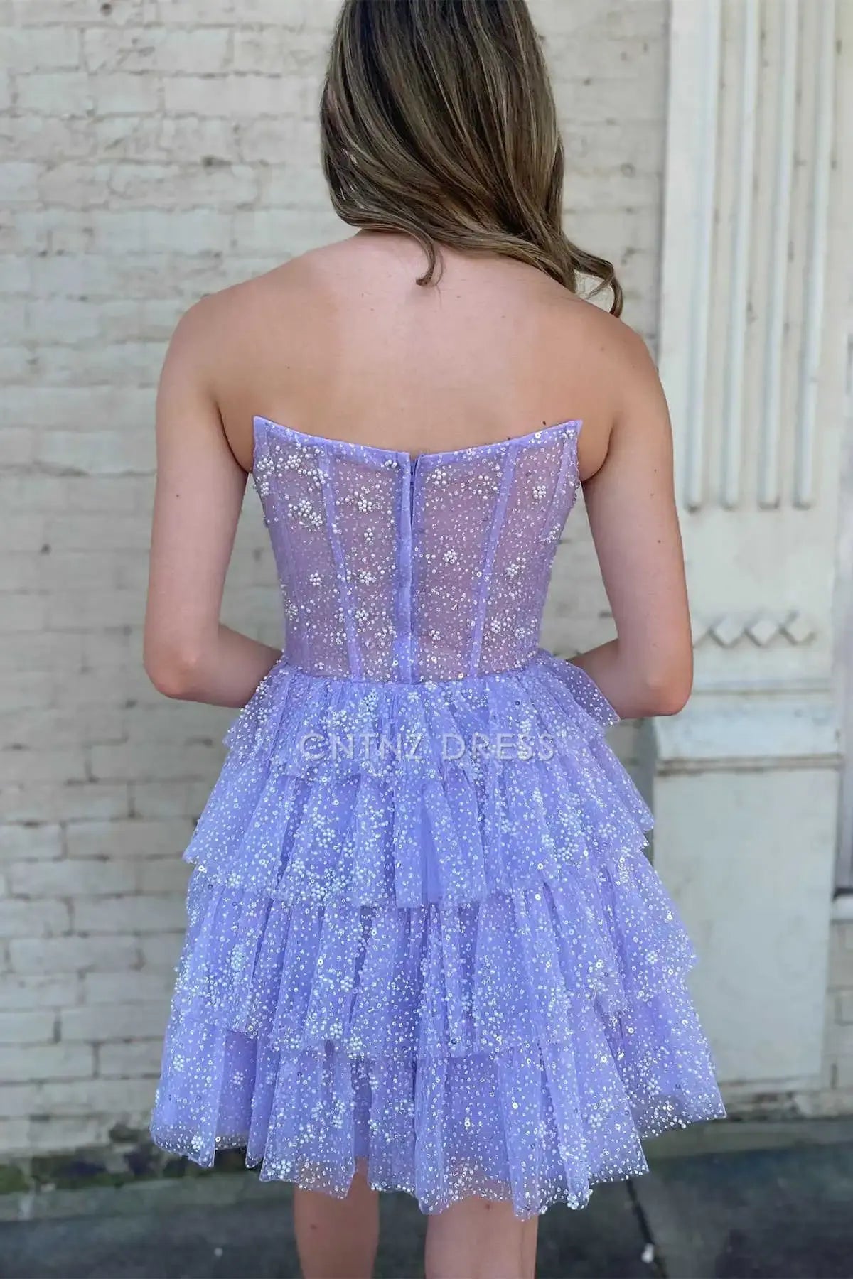 CNTNZ DRESS Hot Sale Homecoming Dress Charming A-Line Glitter Strapless Beads layered Ruched Sequin Short Dress
