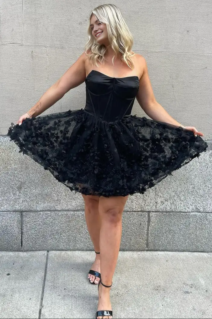 CNTNZ DRESS Hot Sale Homecoming Dress Elegant A-Line Strapless Black Floral Fashion Short Dress