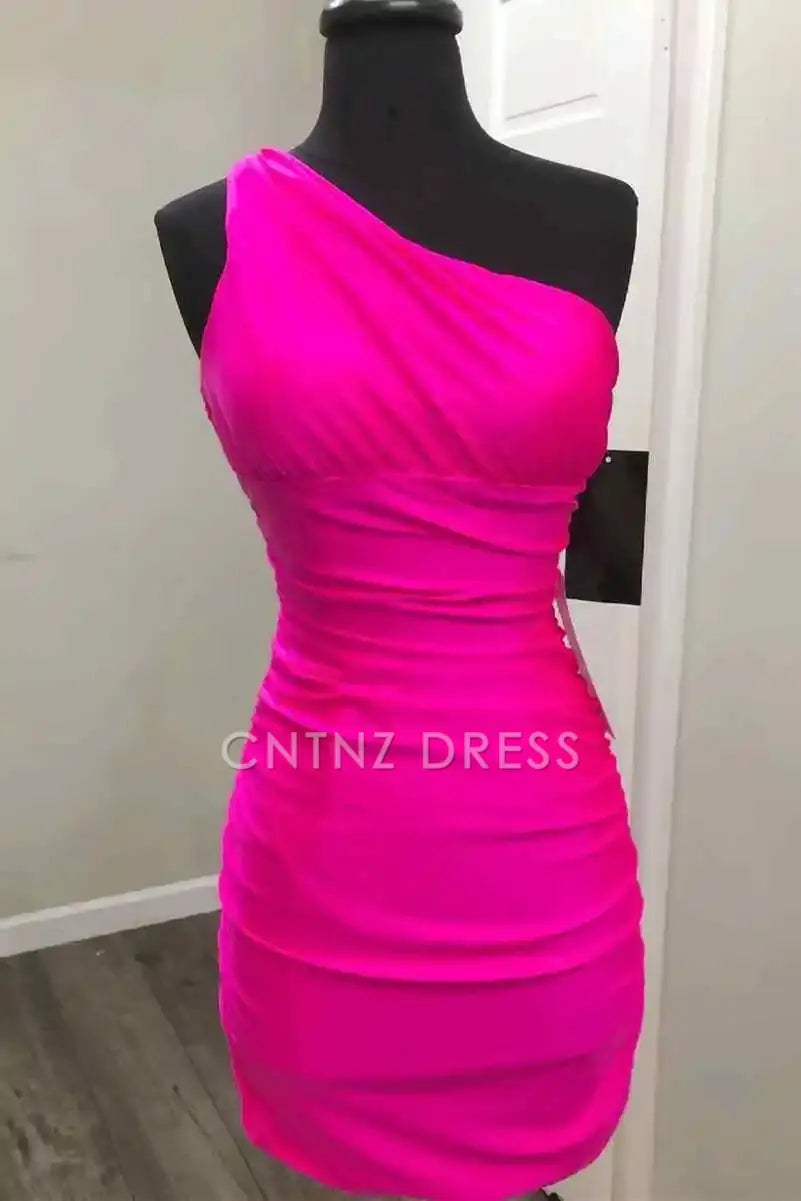 CNTNZ DRESS Hot Sale Homecoming Dress Elegant Sheath Tight One Shoulder Pleated Simple Short Dress