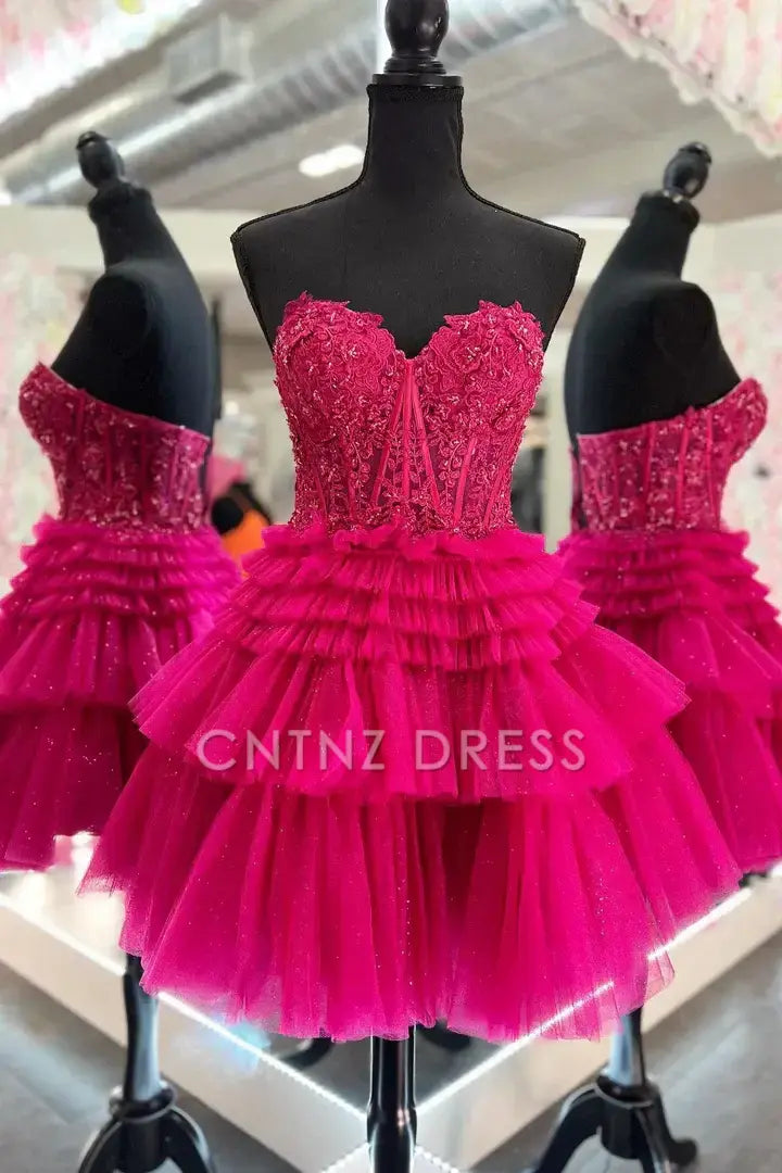CNTNZ DRESS Hot Sale Homecoming Dress Fashion A-Line Strapless Sweetheart Neckline Appliques Layers Ruched Backless Exquisite Short Dress