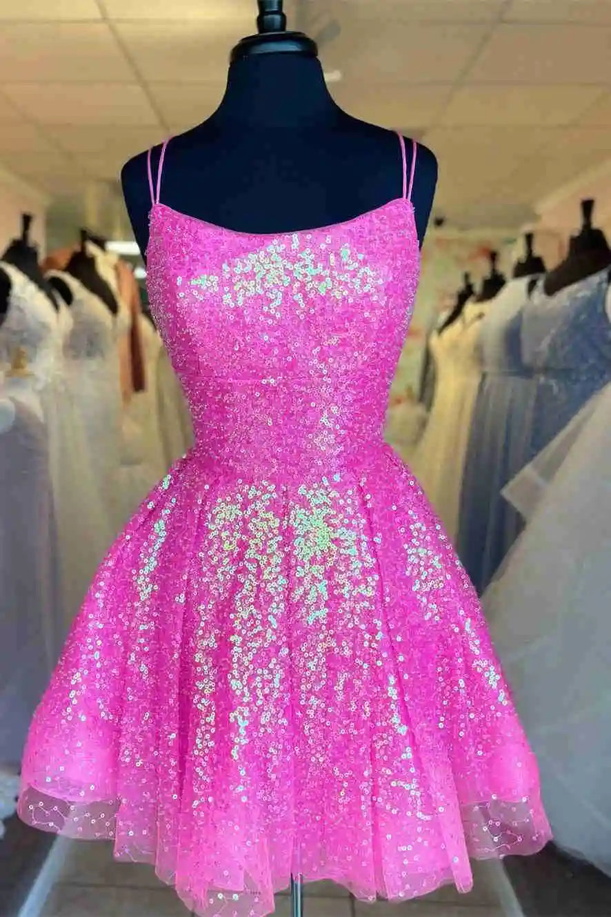 CNTNZ DRESS Hot Sale Homecoming Dress Sequin A-Line Spaghetti Strap Backless Sparkle Short Dress