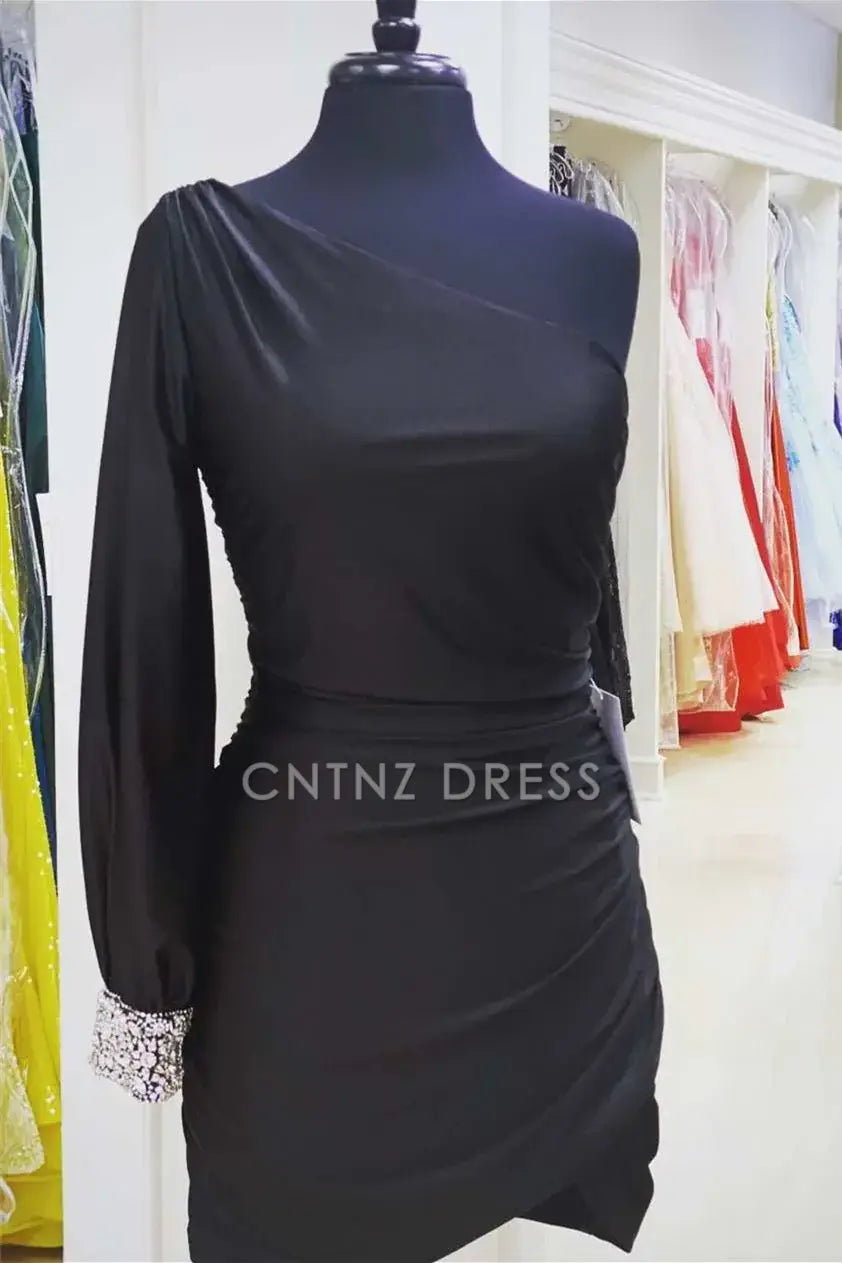 CNTNZ DRESS Hot Sale Homecoming Dress Sheath One Sleeve Pleated Beadwork Elegant Short Dress