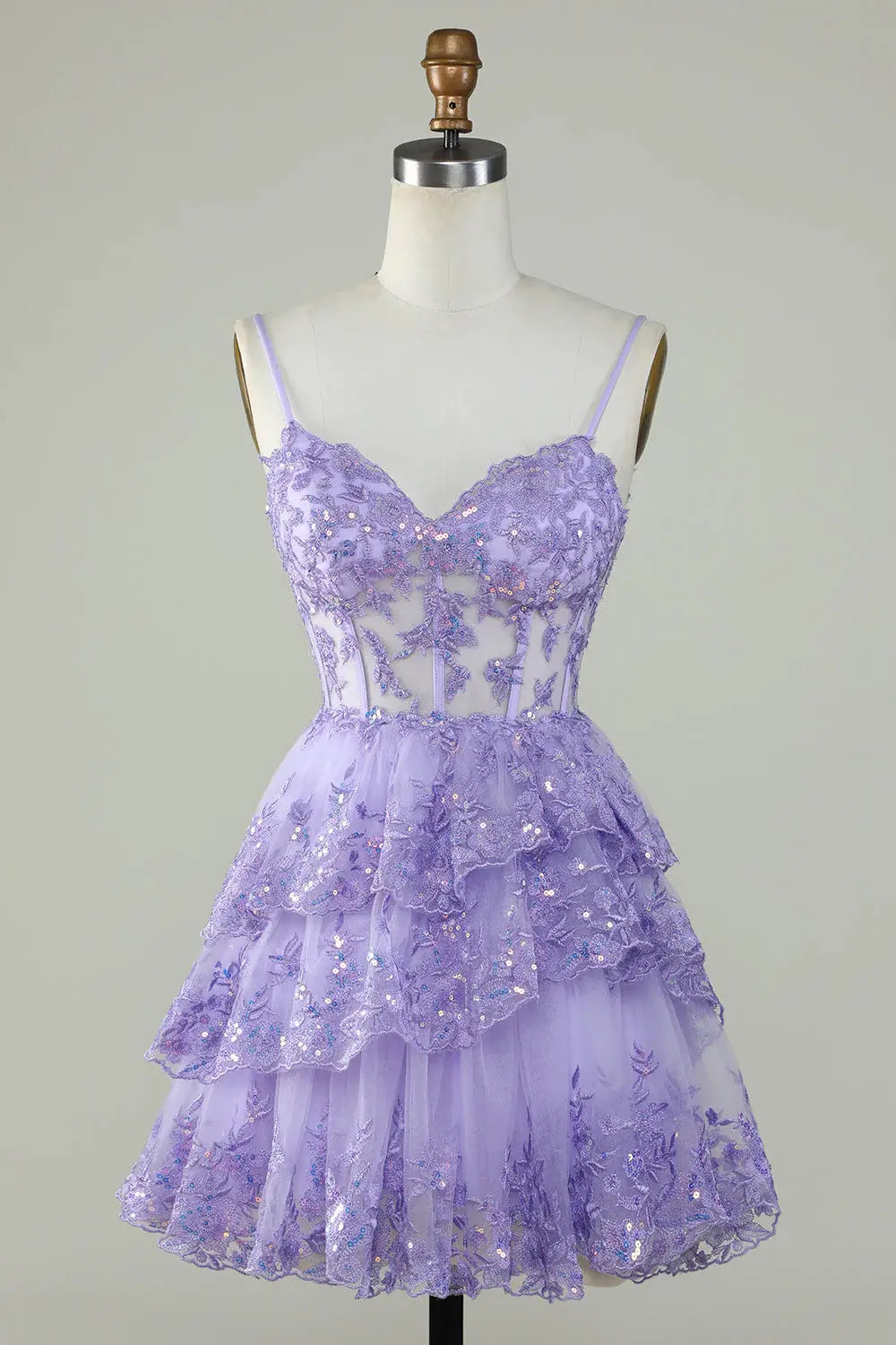 CNTNZ DRESS Hot Sale Homecoming Dress Sparkle A Line Corset Sweetheart Neckline Spaghetti Strap Sequins Layered Ruched Cute Short Dress