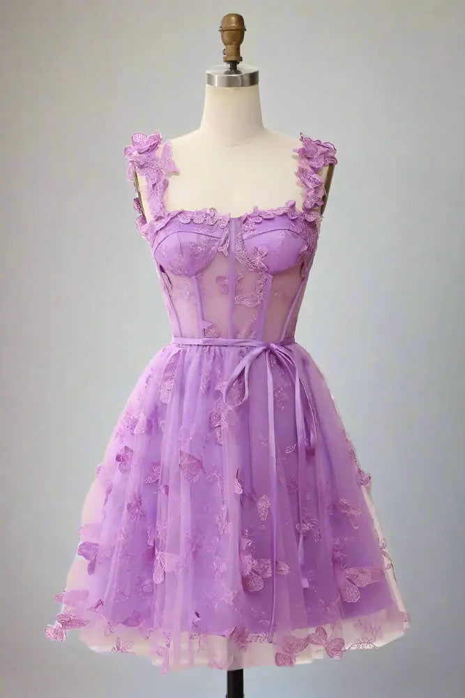 CNTNZ DRESS Hot Sale Homecoming Dress Sweet A-Line Square Neck Exquisite 3D Butterfly Appliques Short Dress