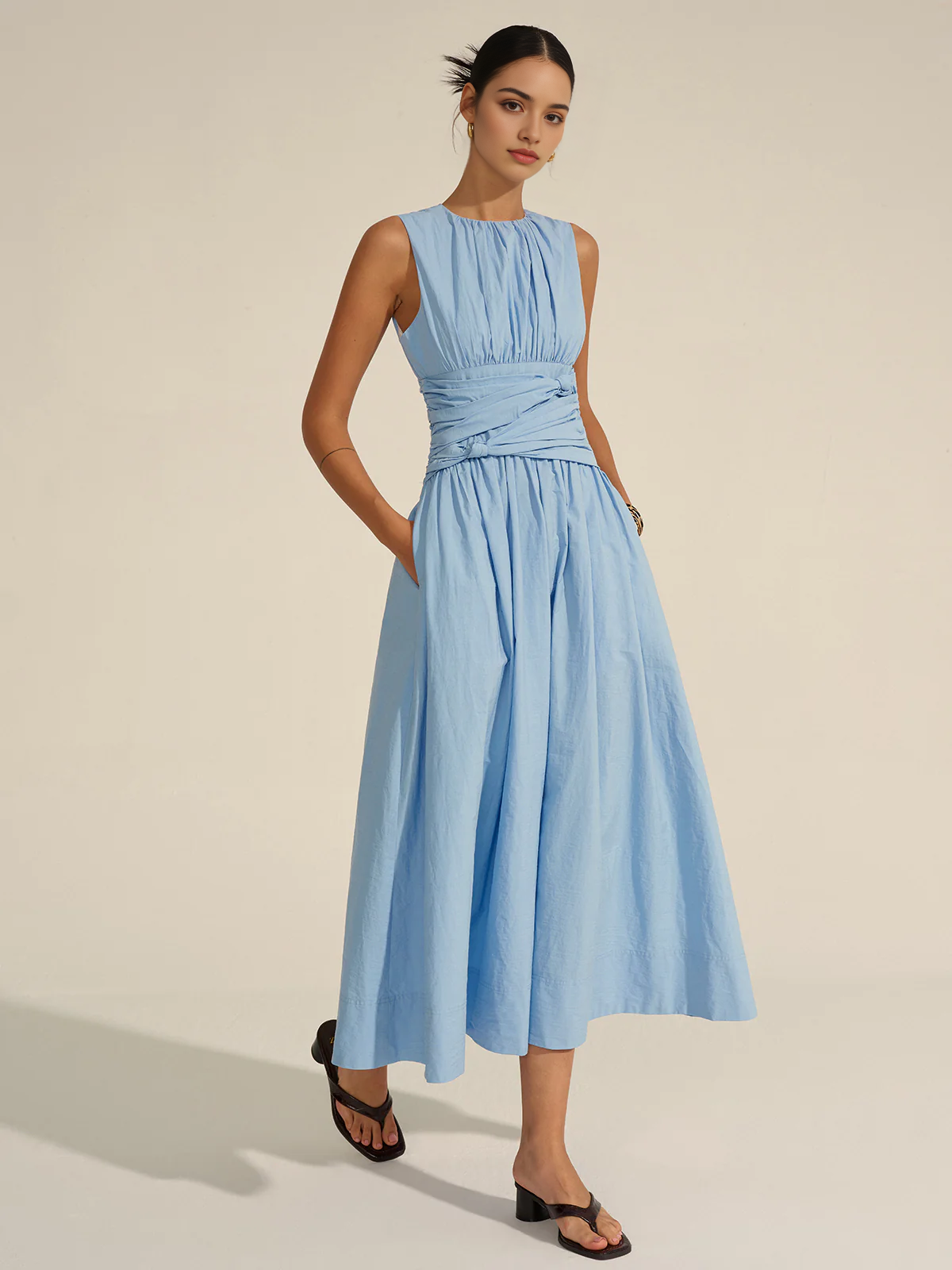 CNTNZ DRESS New Prom Dress A Line Crew Neck Sleeveless Pleated Tie Knot Elegant Formal Women's Dress