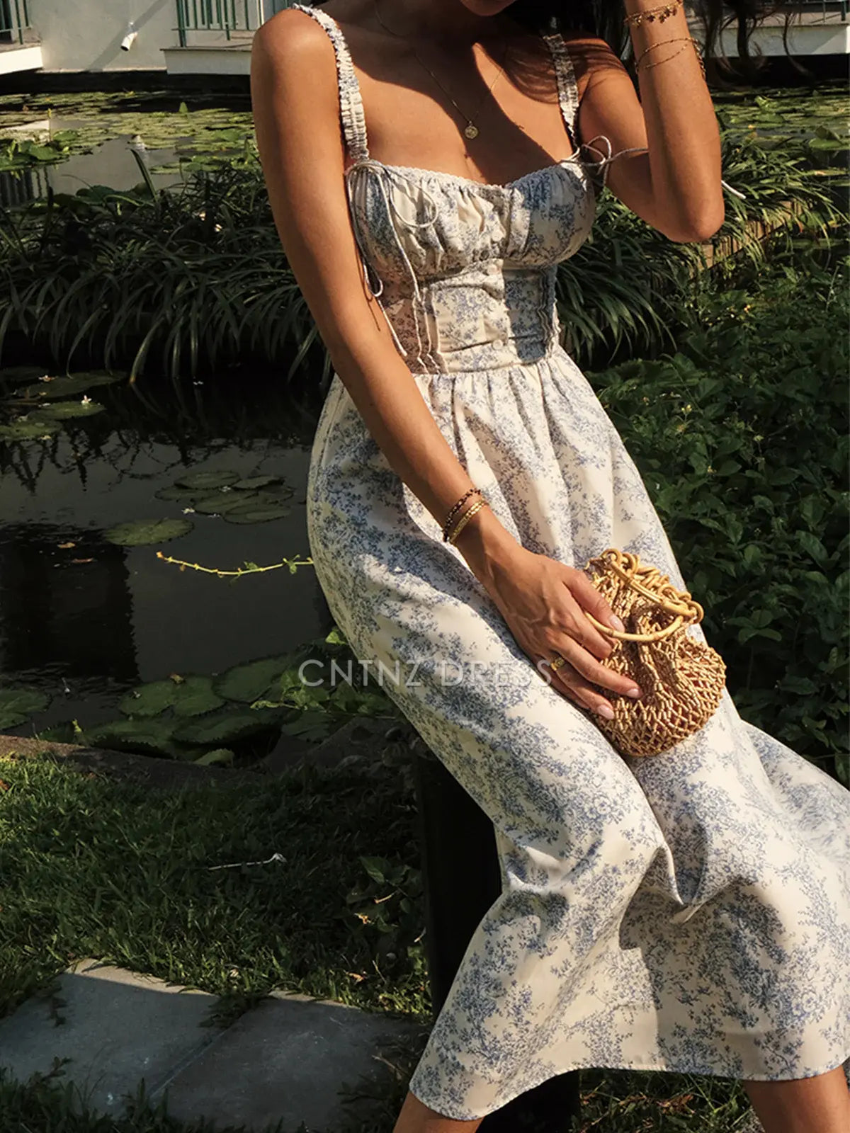 CNTNZ DRESS New Prom Dress A Line Low Cut Ruched Shoulder Strap Printing Floral Cute Formal Women's Dress