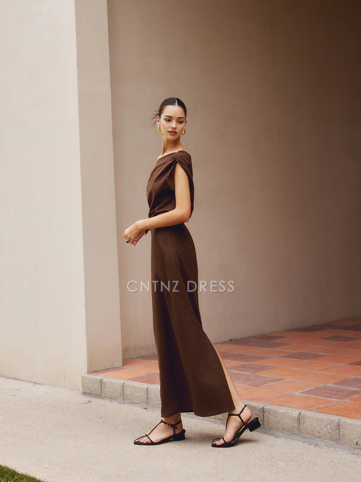 CNTNZ DRESS New Prom Dress Sheath/Column Asymmetrical Neck Sleeveless Pleated Elegant Dress Formal Women's Dress