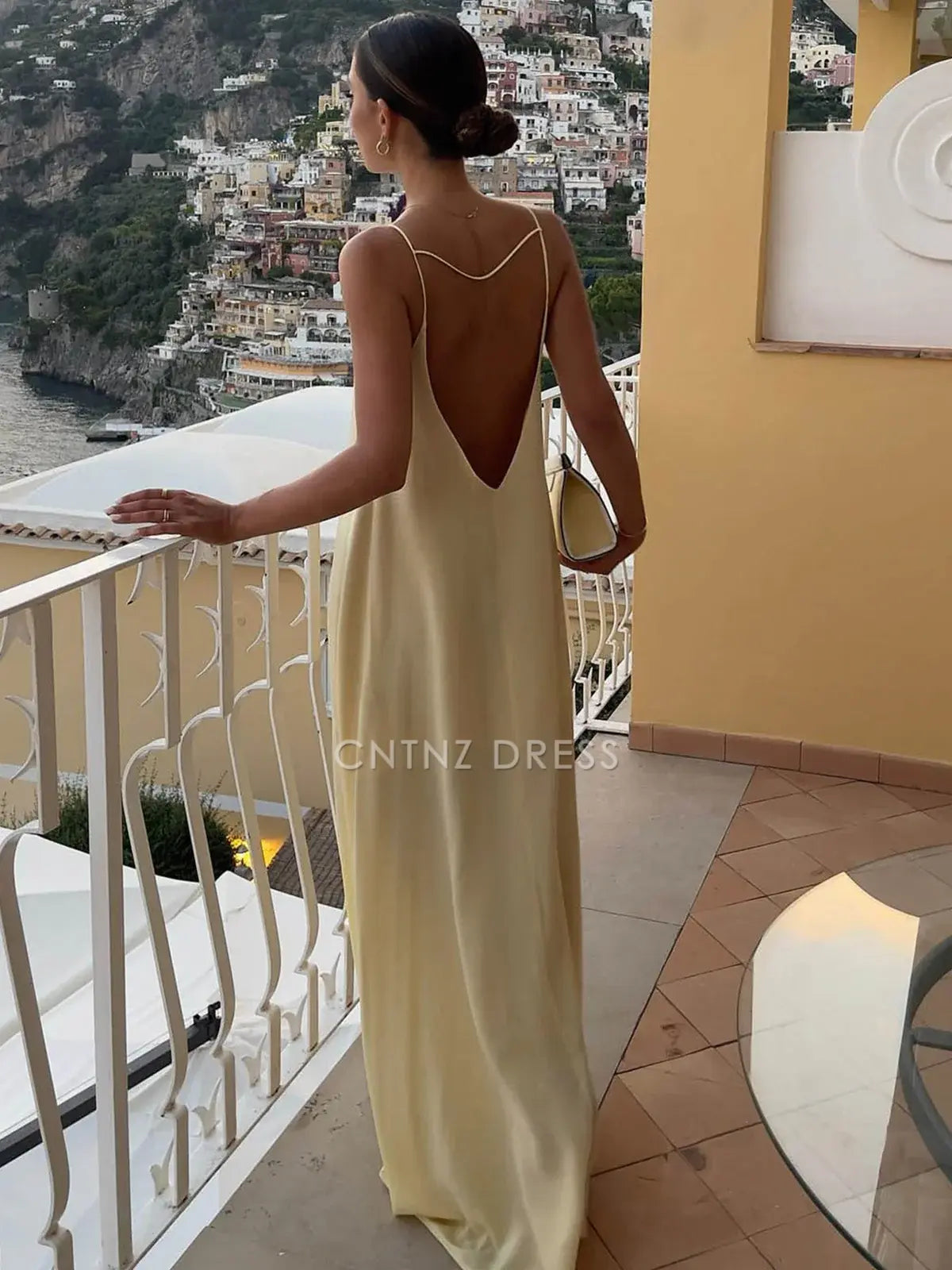 CNTNZ DRESS New Prom Dress Straight Round Neck Hollow Out Backless Vacation Simple Long Dress Formal Women's Dress