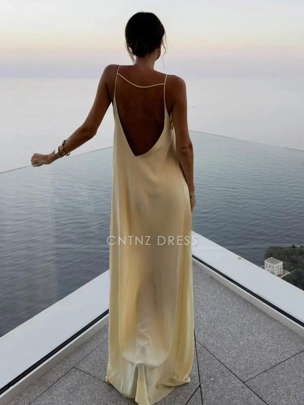 CNTNZ DRESS New Prom Dress Straight Round Neck Hollow Out Backless Vacation Simple Long Dress Formal Women's Dress