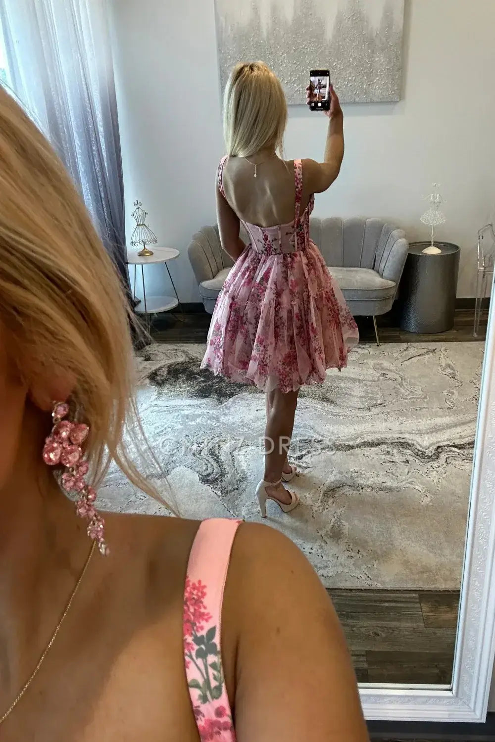 CNTNZ DRESS Romantic A Line Spaghetti Straps Sweetheart Neckline Pink Retro Printed Cute Cocktail Dress Short Homecoming Dress
